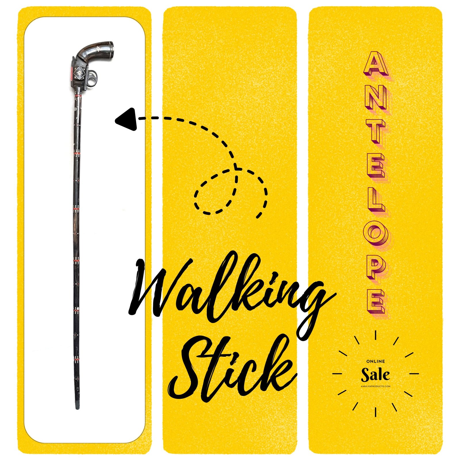 Vintage Deer Antelope Walking Stick – Ornate Traditional Cane