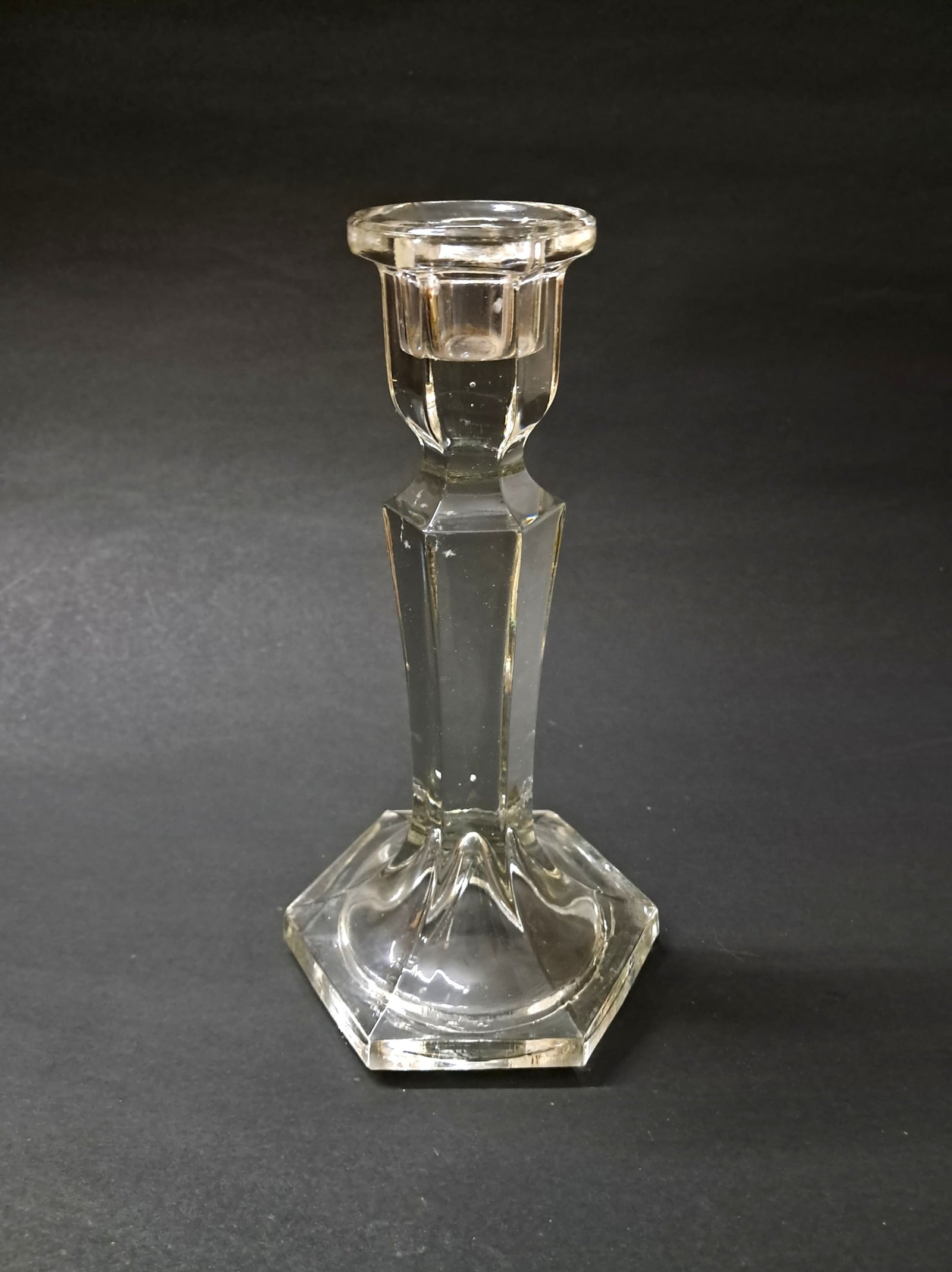 Vintage Crystal Glass Candlestick Holder – Faceted Hexagonal Base & Elegant Stem
