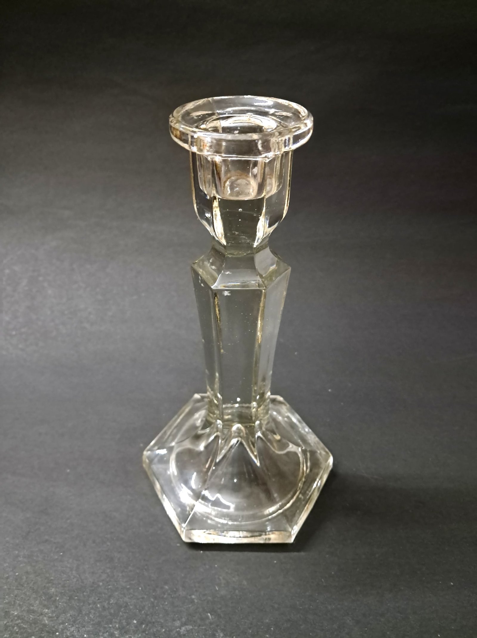 Vintage Crystal Glass Candlestick Holder – Faceted Hexagonal Base & Elegant Stem