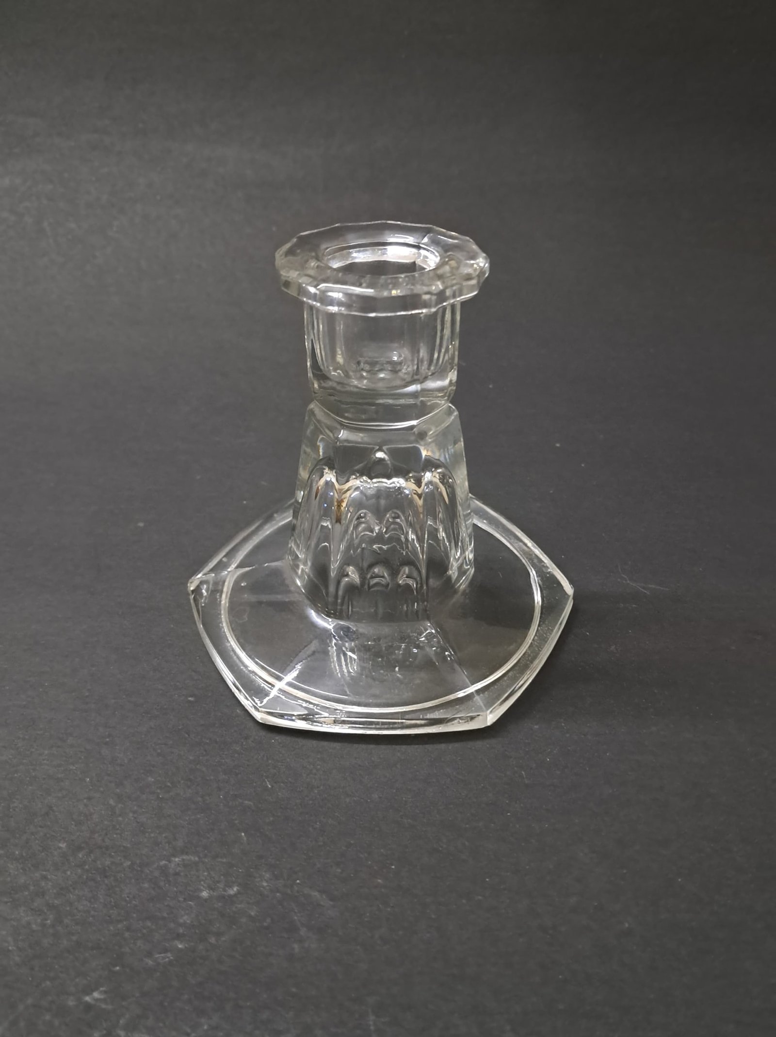 Vintage Crystal Glass Candlestick Holder – Faceted Octagonal Base & Decorative Fluted Stem