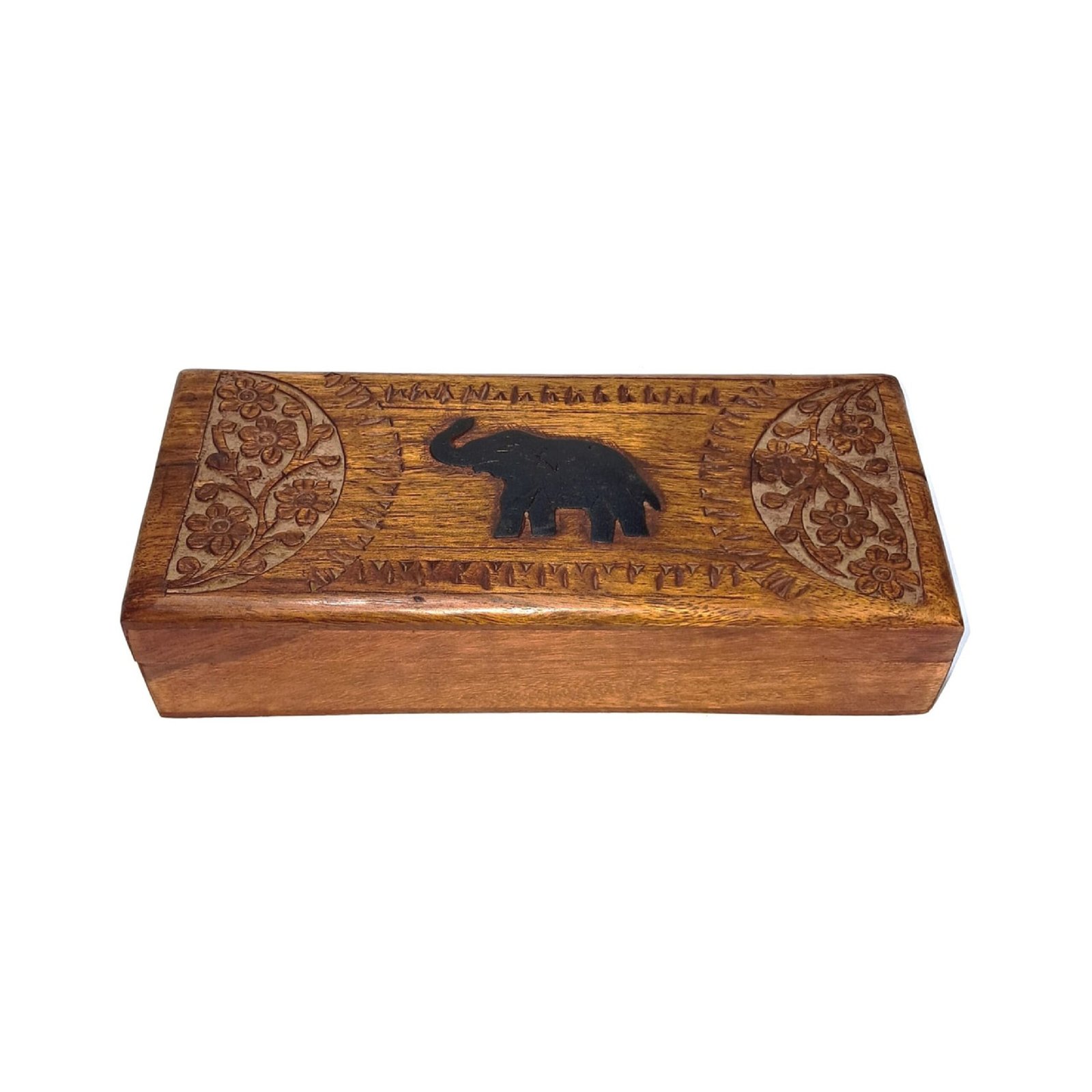 Vintage Hand-Carved Wooden Cigar Box with Elephant & Floral Motifs