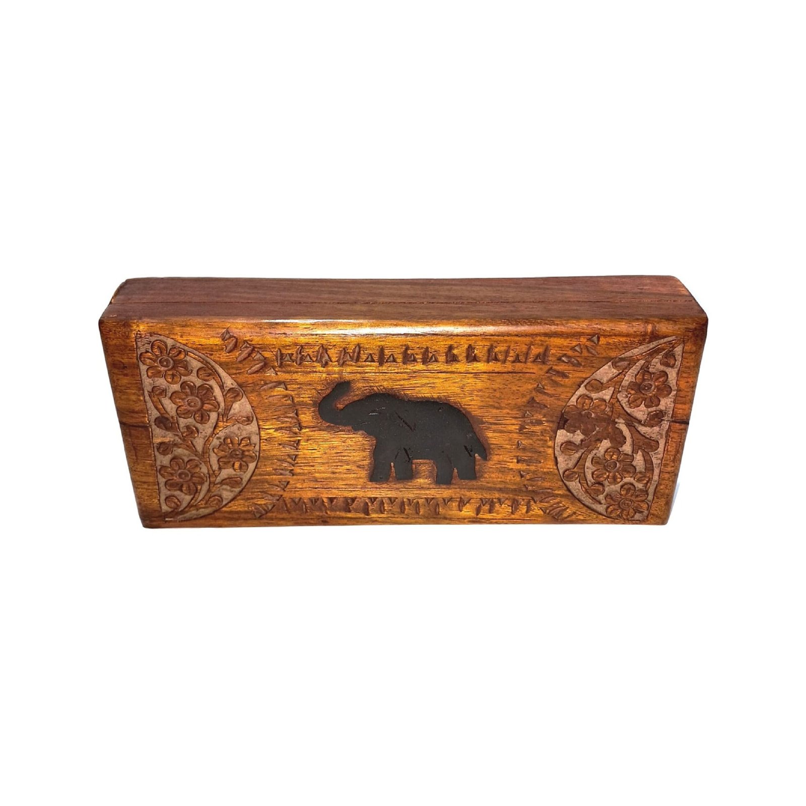 Vintage Hand-Carved Wooden Cigar Box with Elephant & Floral Motifs