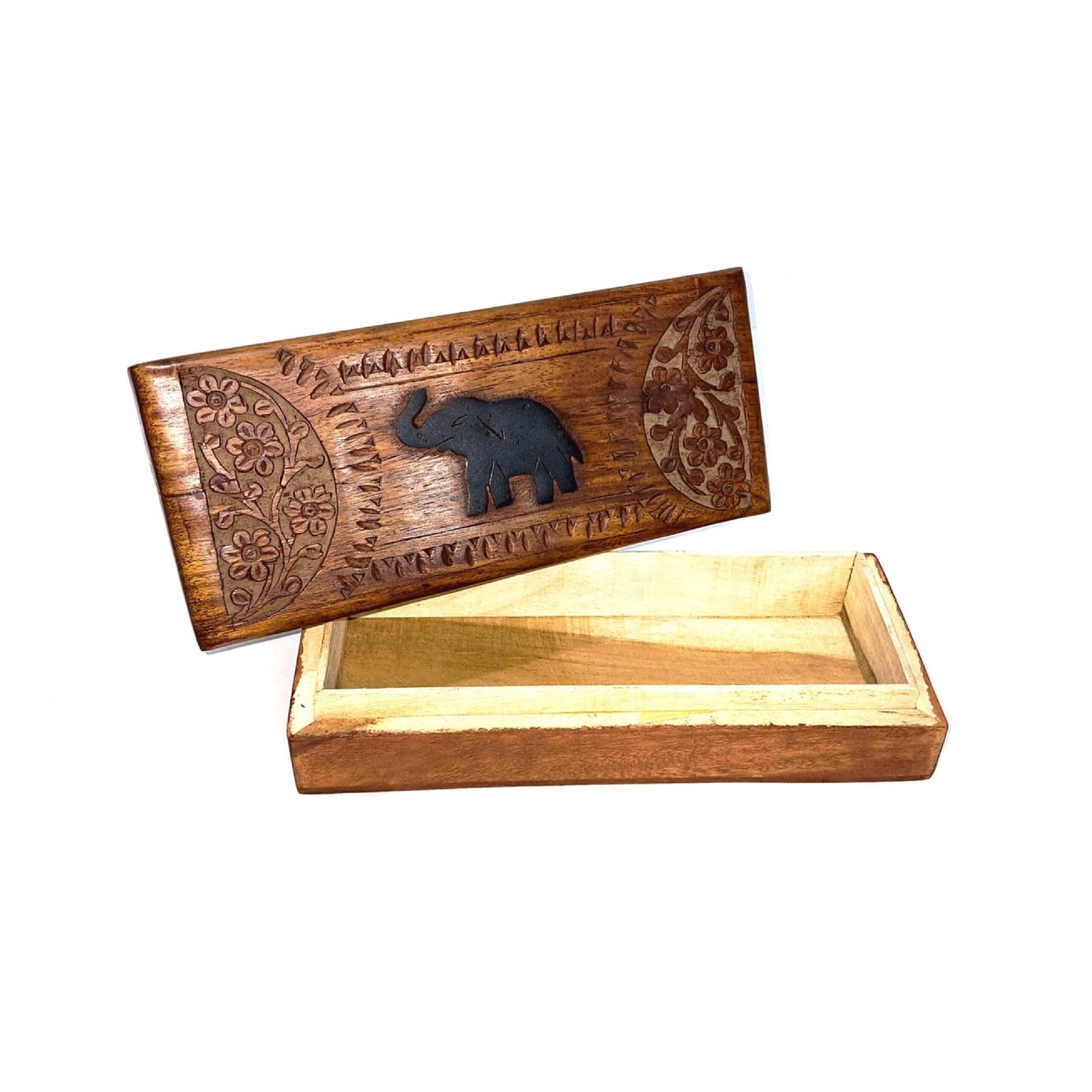 Vintage Hand-Carved Wooden Cigar Box with Elephant & Floral Motifs