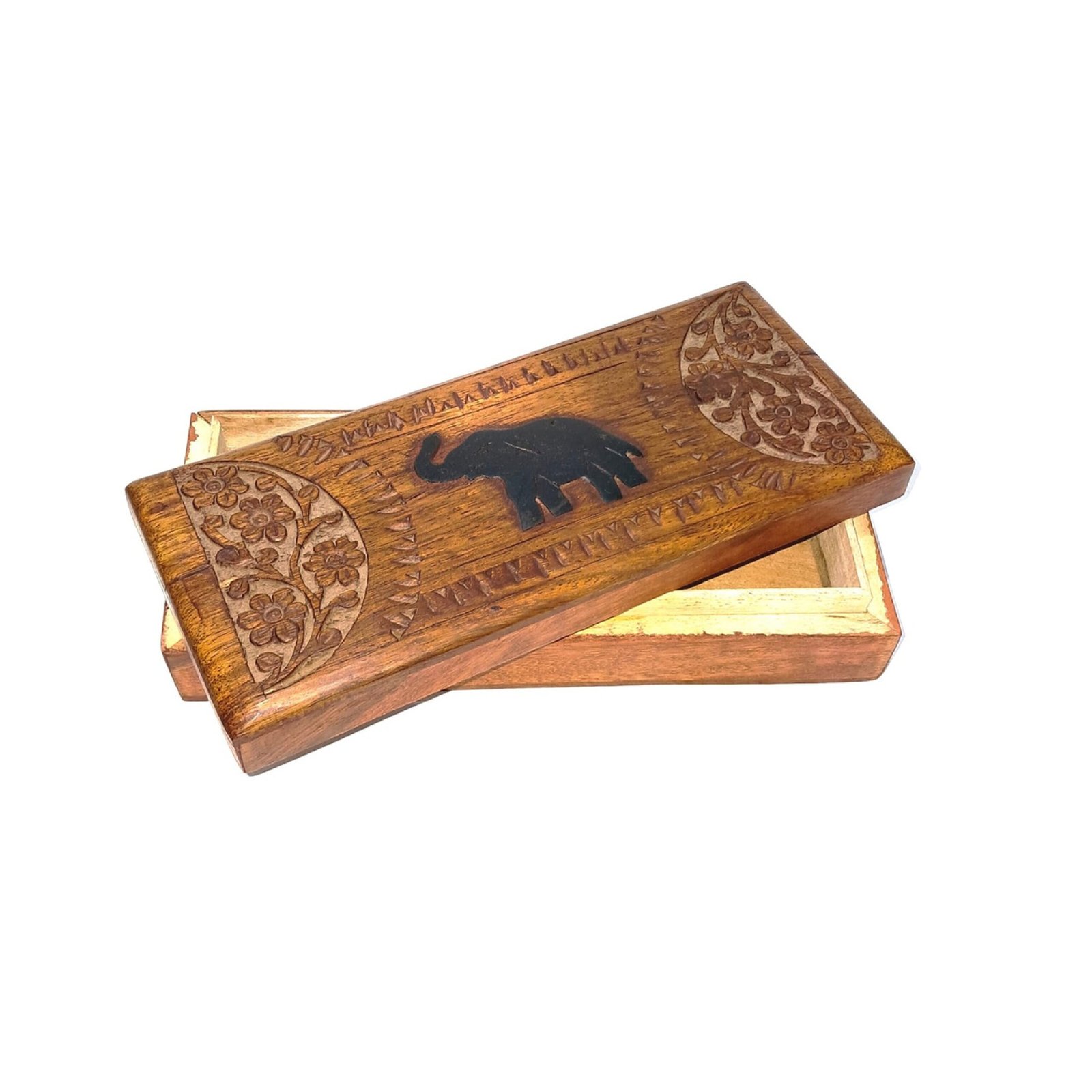 Vintage Hand-Carved Wooden Cigar Box with Elephant & Floral Motifs
