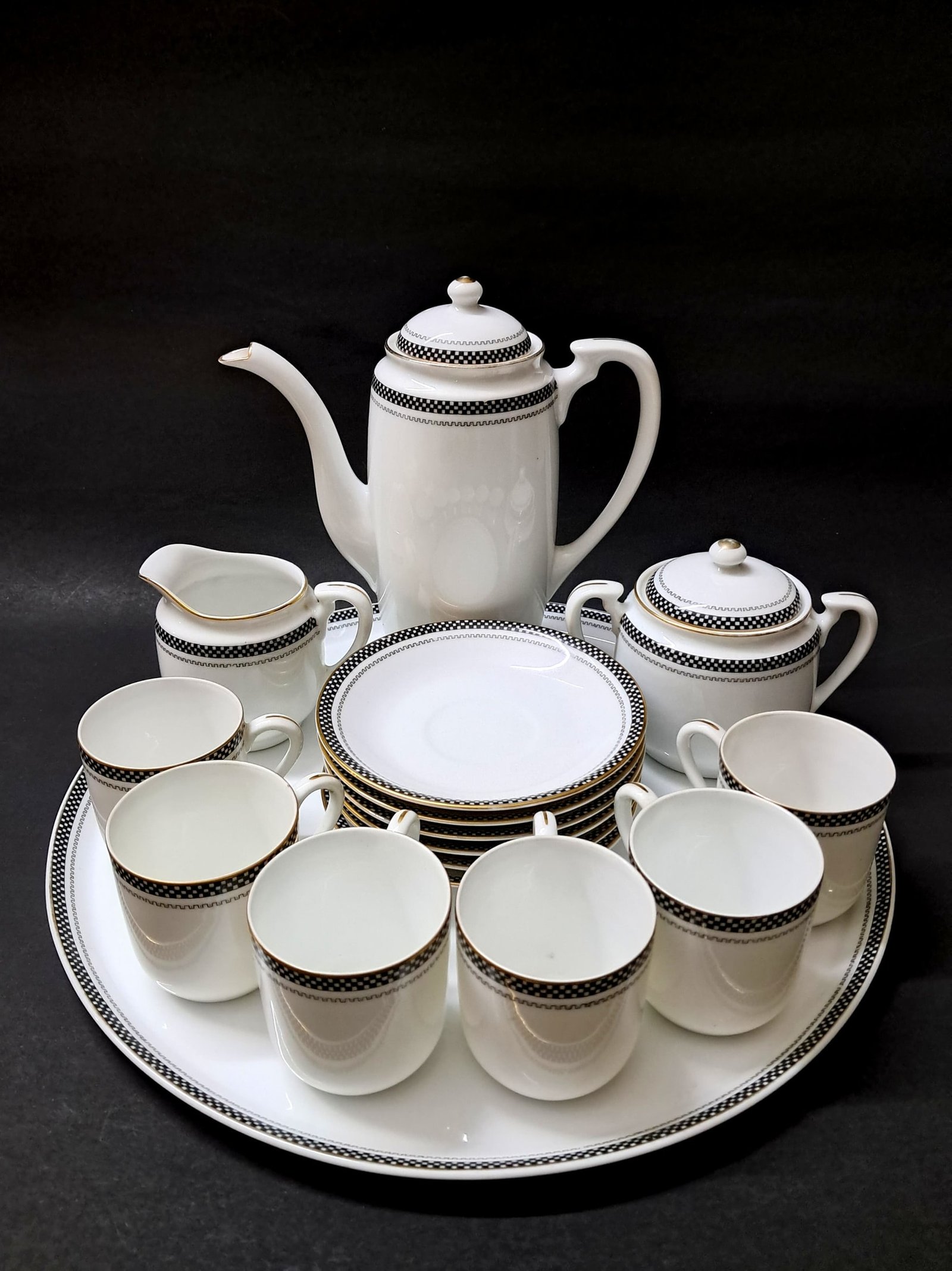 Vintage Coffee Set with Tray – R.C. Made in Japan | Black & White Checkered Design