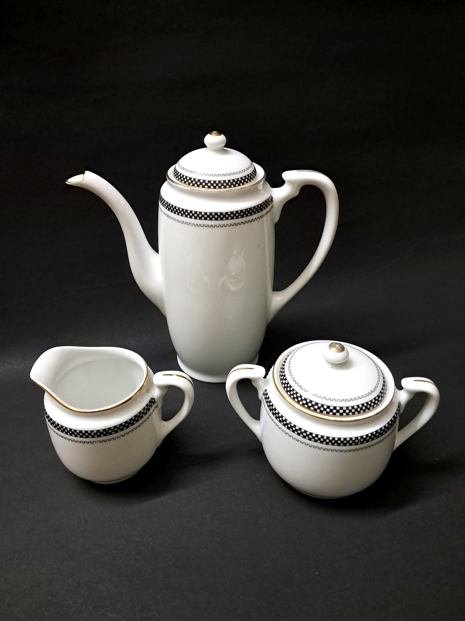 Vintage Coffee Set with Tray – R.C. Made in Japan | Black & White Checkered Design