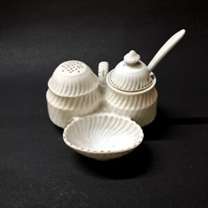 3-Section Vintage Ceramic Condiment Caddy with Handle – Salt, Mustard & Spoon Set