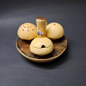 Vintage Ceramic Mushroom Condiment Set with Bee Lidded Pot, Salt & Pepper Shakers on Handled Stand
