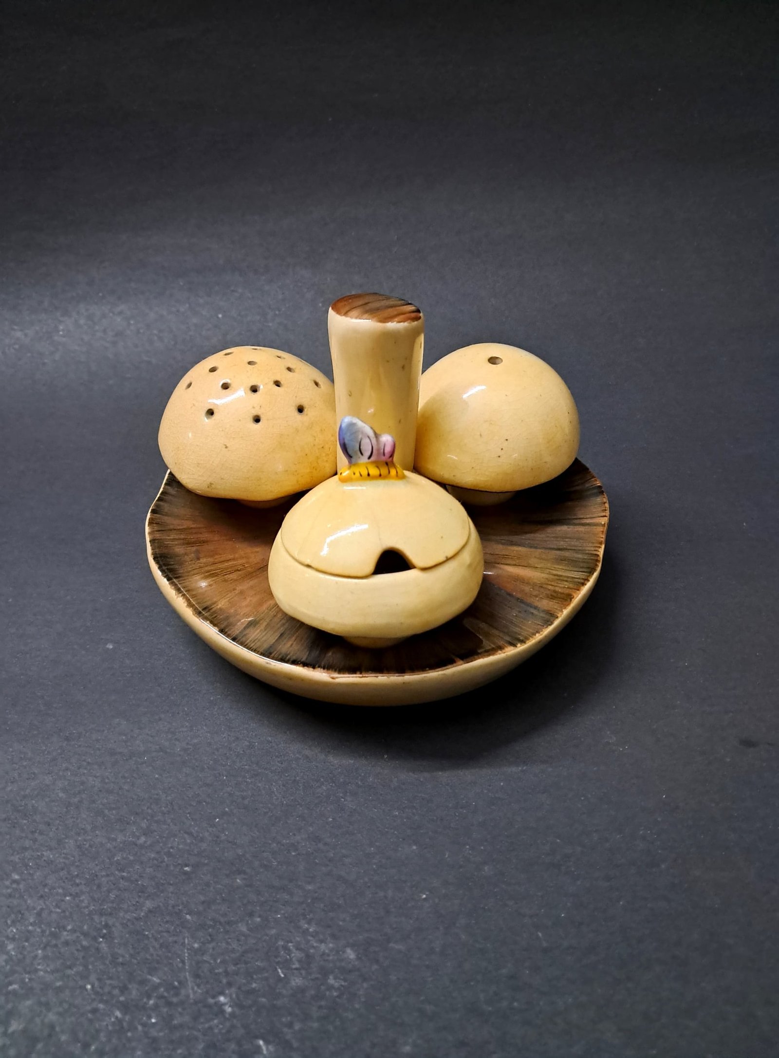 Vintage Ceramic Mushroom Condiment Set with Bee Lidded Pot, Salt & Pepper Shakers on Handled Stand