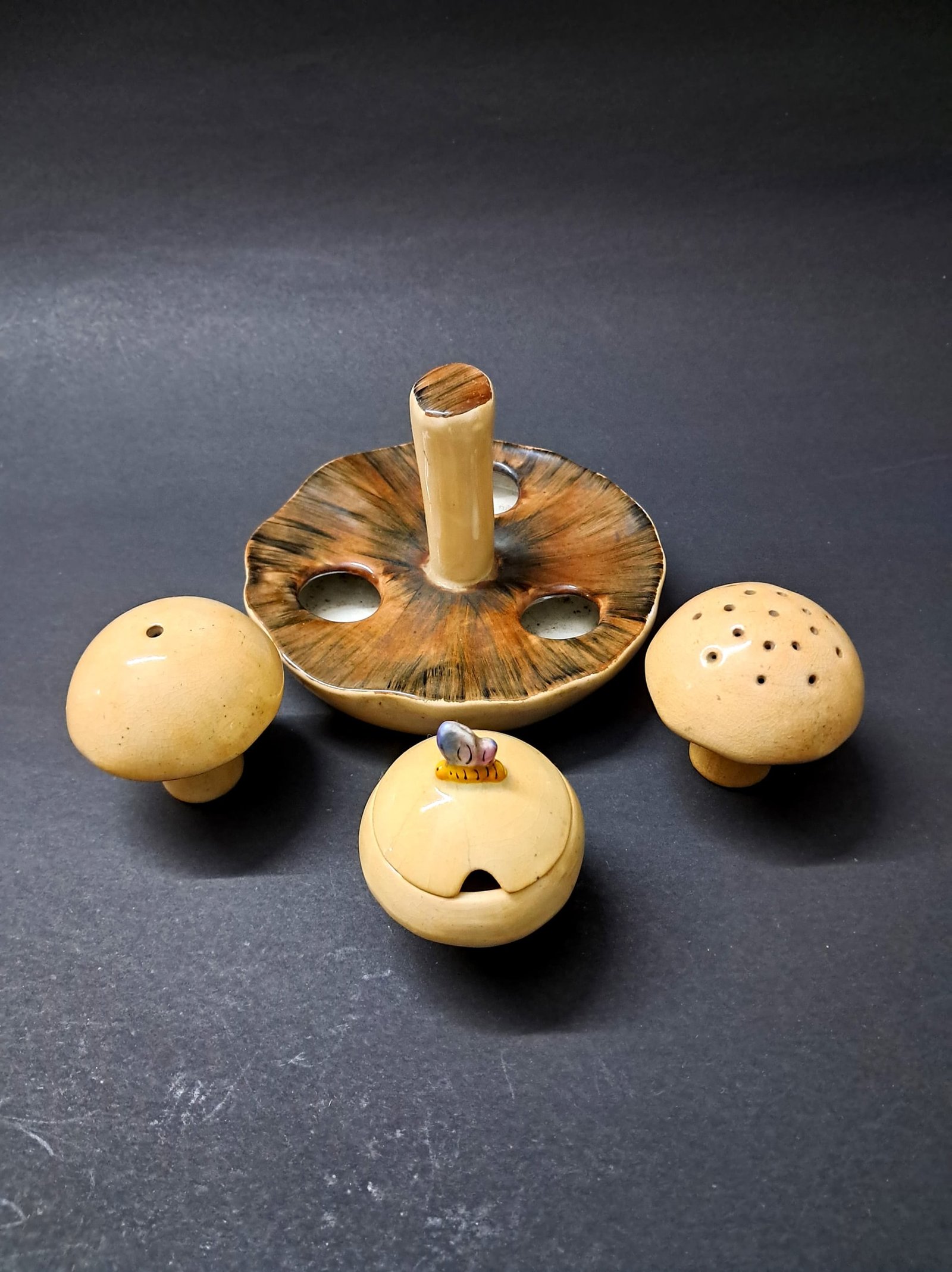 Vintage Ceramic Mushroom Condiment Set with Bee Lidded Pot, Salt & Pepper Shakers on Handled Stand