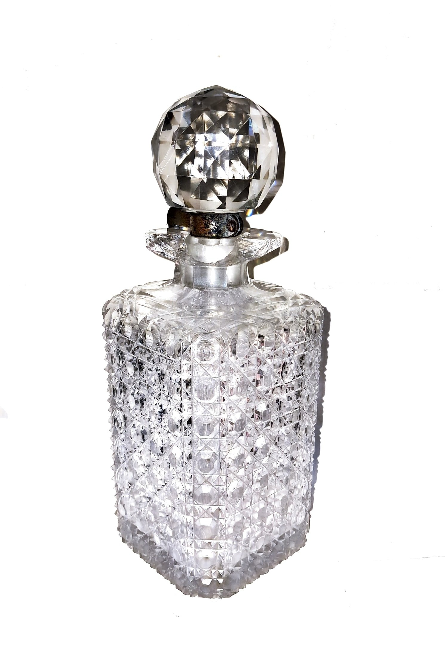 Rare Victorian / Edwardian Diamond-Cut Glass Decanter with Faceted Globe Stopper