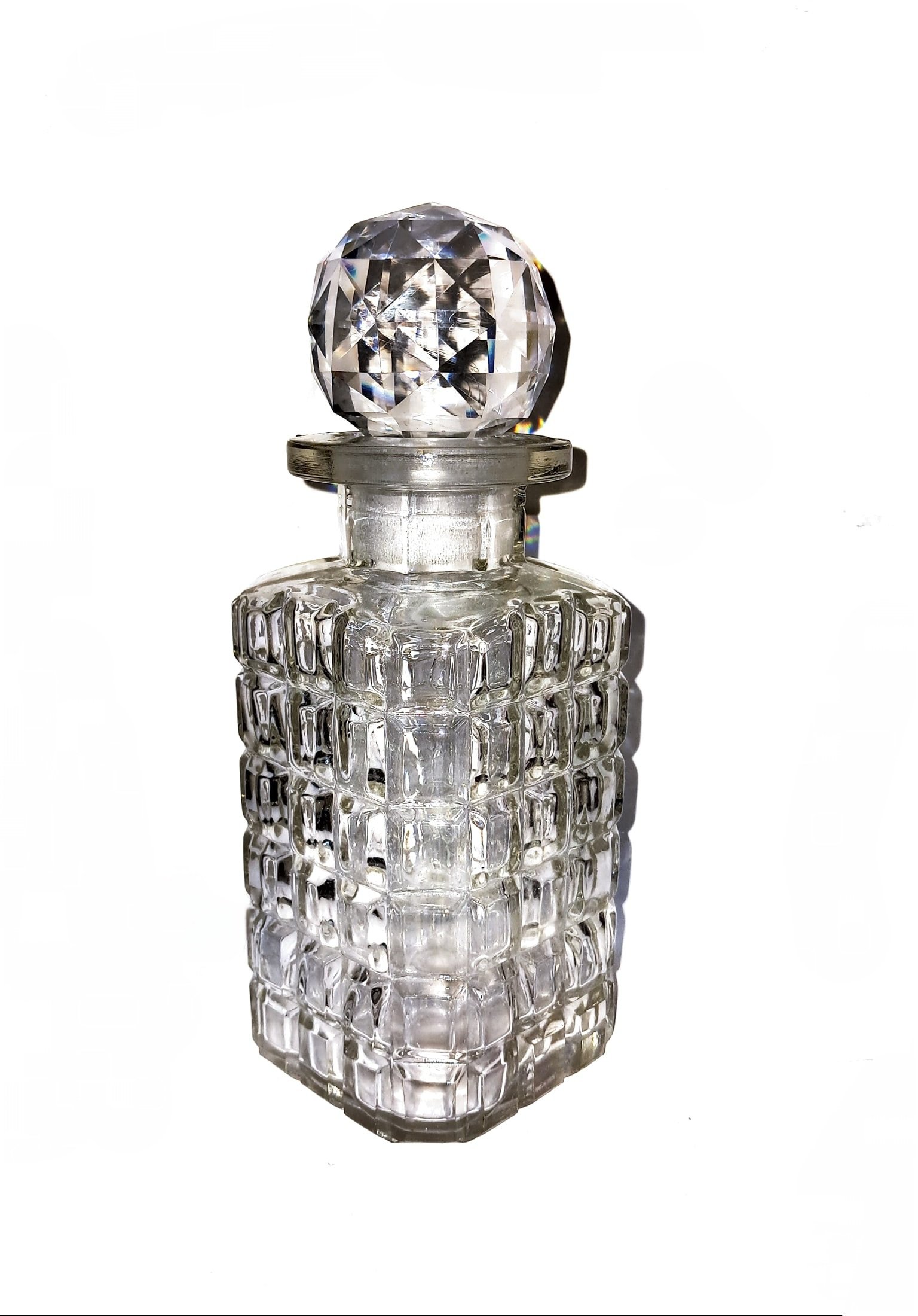 Vintage Clear Glass Crystal Decanter with Faceted Spherical Stopper