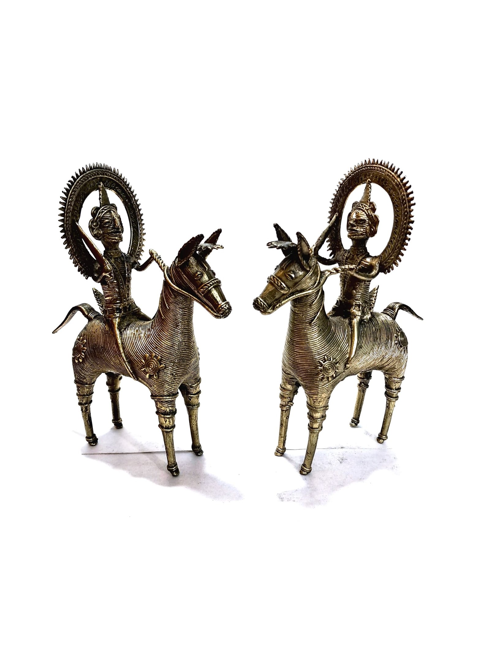 The Brass Gump – Pair of Dhokra Brass Horses with Warriors | Bastar Tribal Art