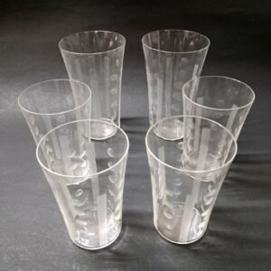 Lot of 6 Vintage Clear Glass Drinking Tumblers – Etched Geometric & Polka Dot Design