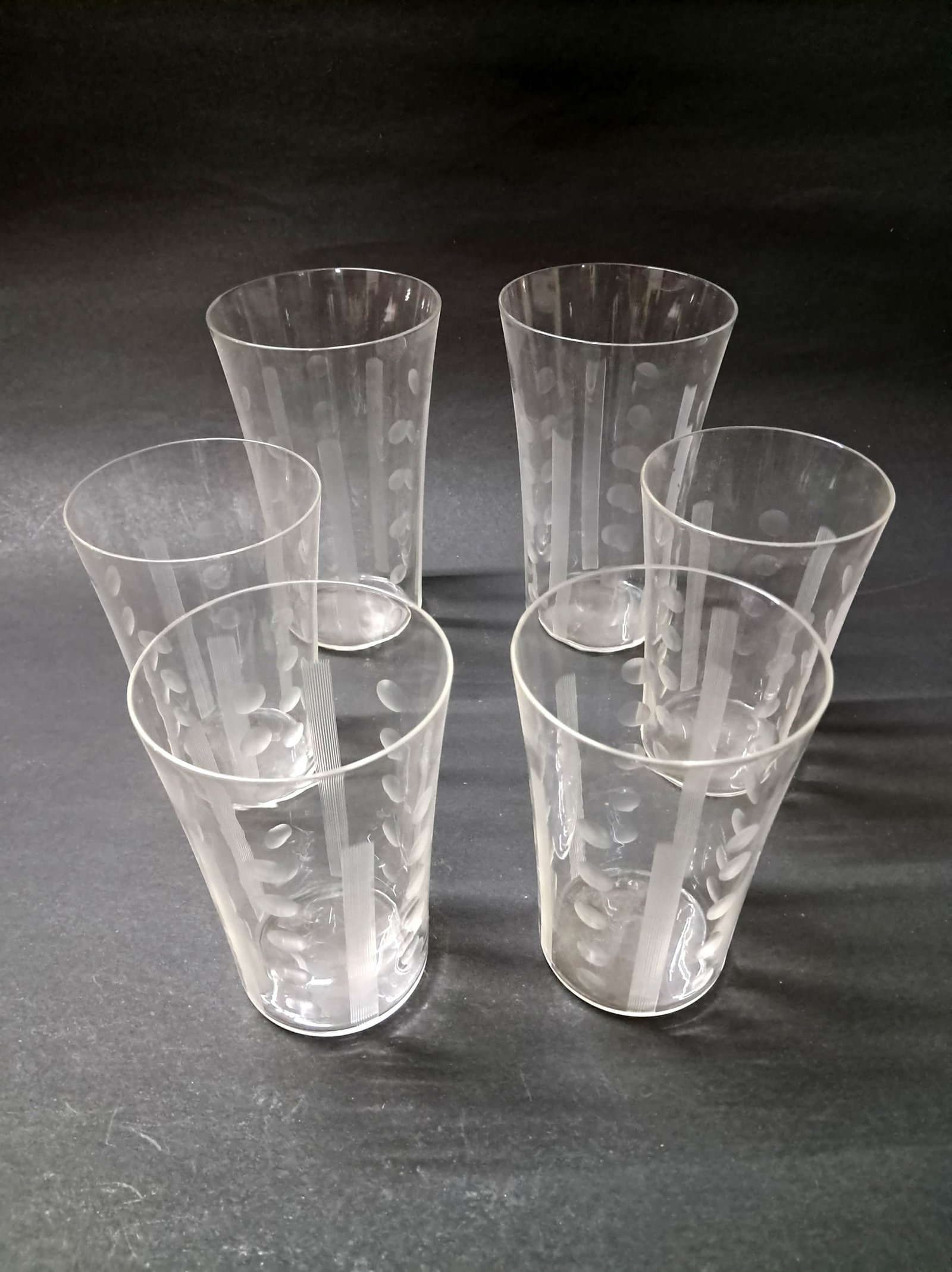 Lot of 6 Vintage Clear Glass Drinking Tumblers – Etched Geometric & Polka Dot Design