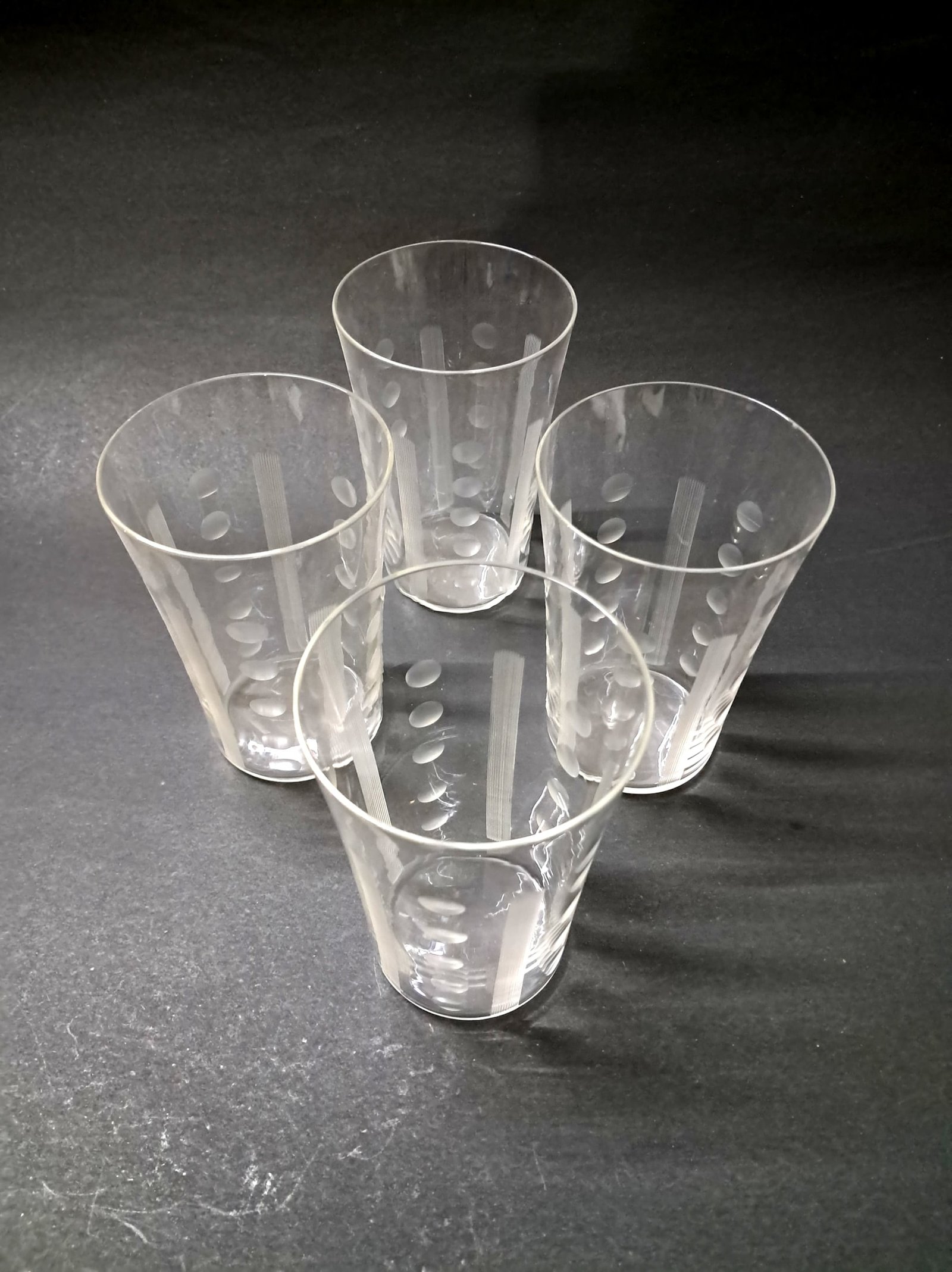 Lot of 6 Vintage Clear Glass Drinking Tumblers – Etched Geometric & Polka Dot Design