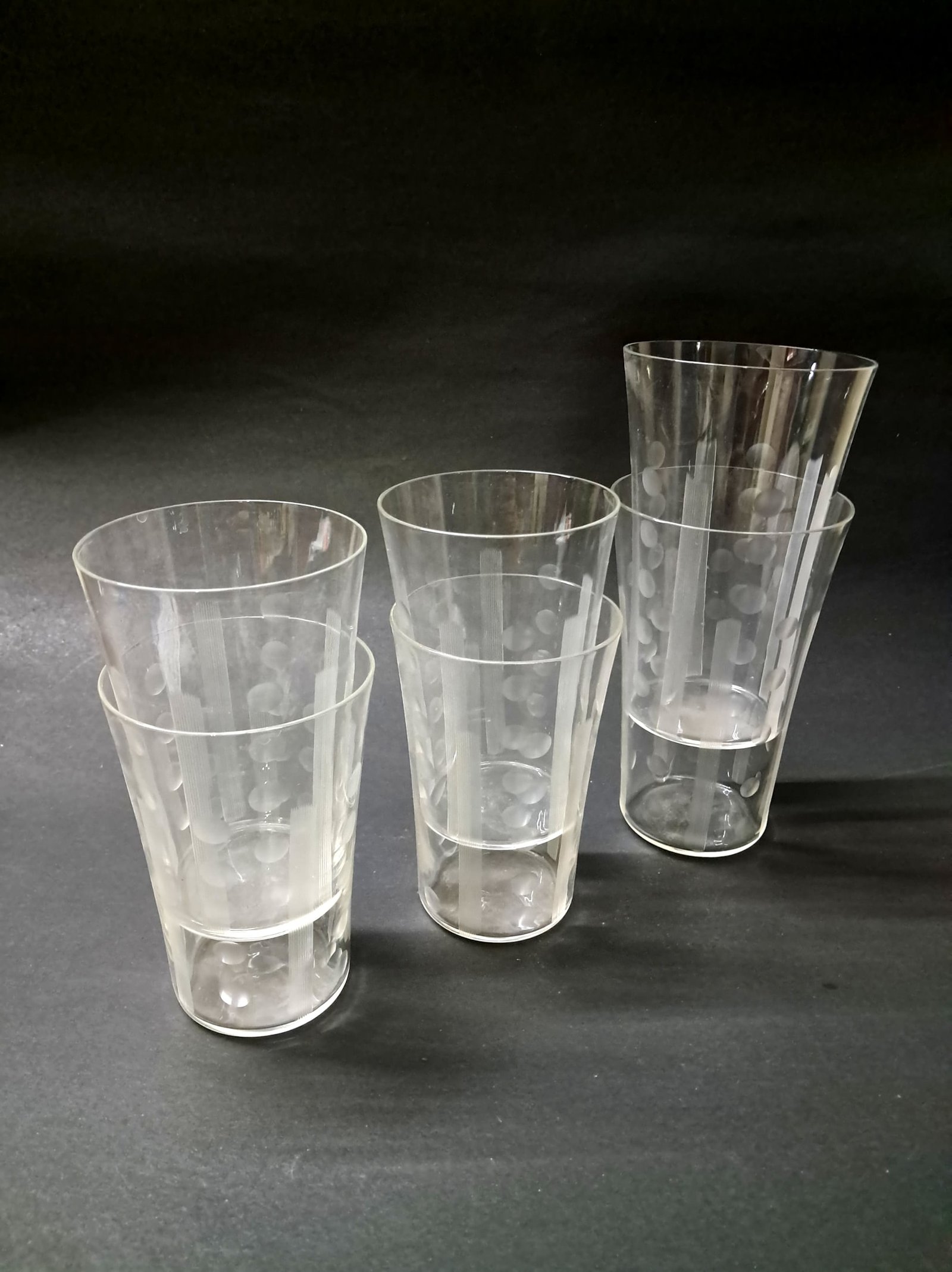 Lot of 6 Vintage Clear Glass Drinking Tumblers – Etched Geometric & Polka Dot Design