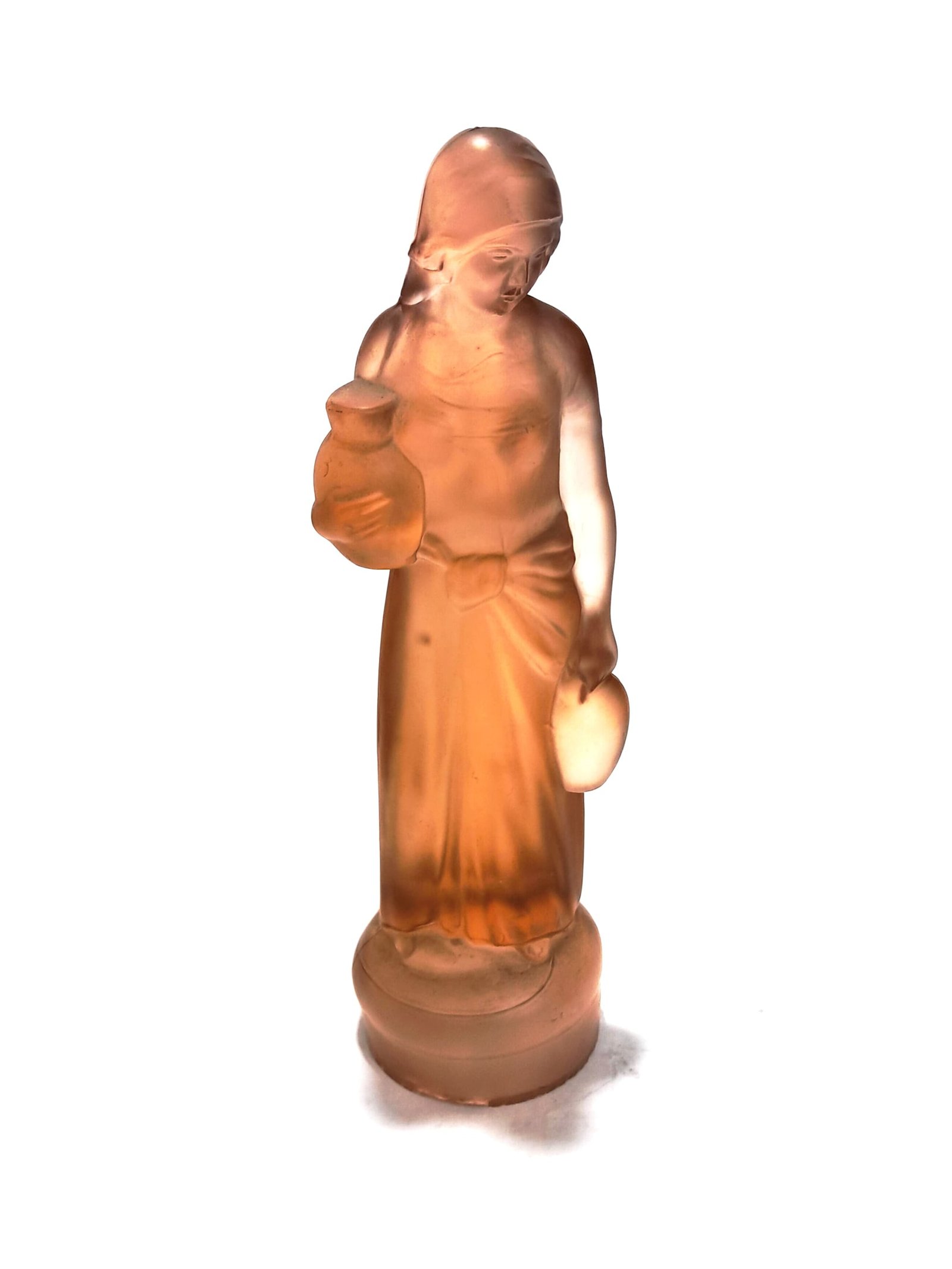 Antique Art Deco Frosted Amber Glass Lady Figurine – Vintage Decorative Sculpture