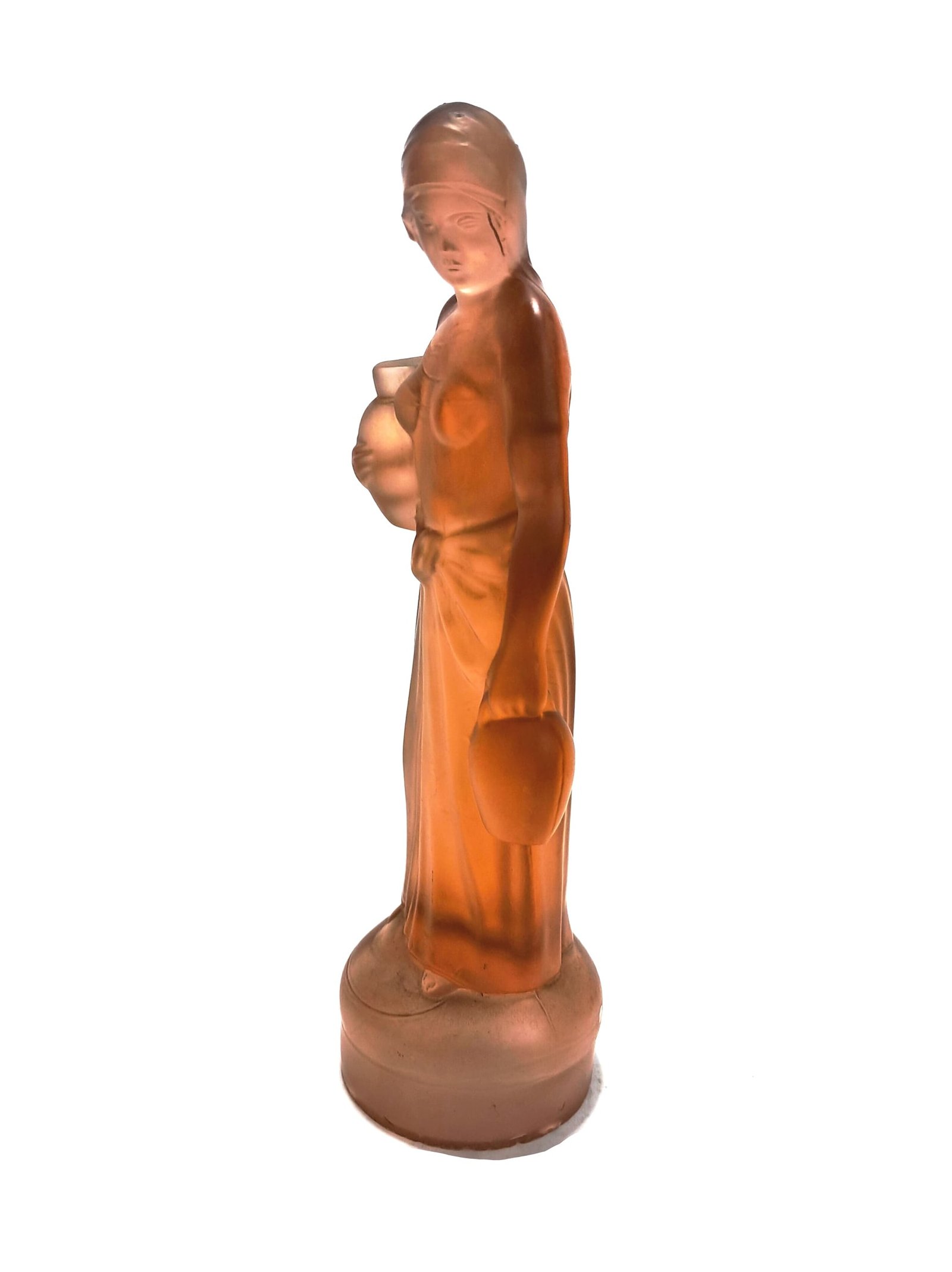 Antique Art Deco Frosted Amber Glass Lady Figurine – Vintage Decorative Sculpture