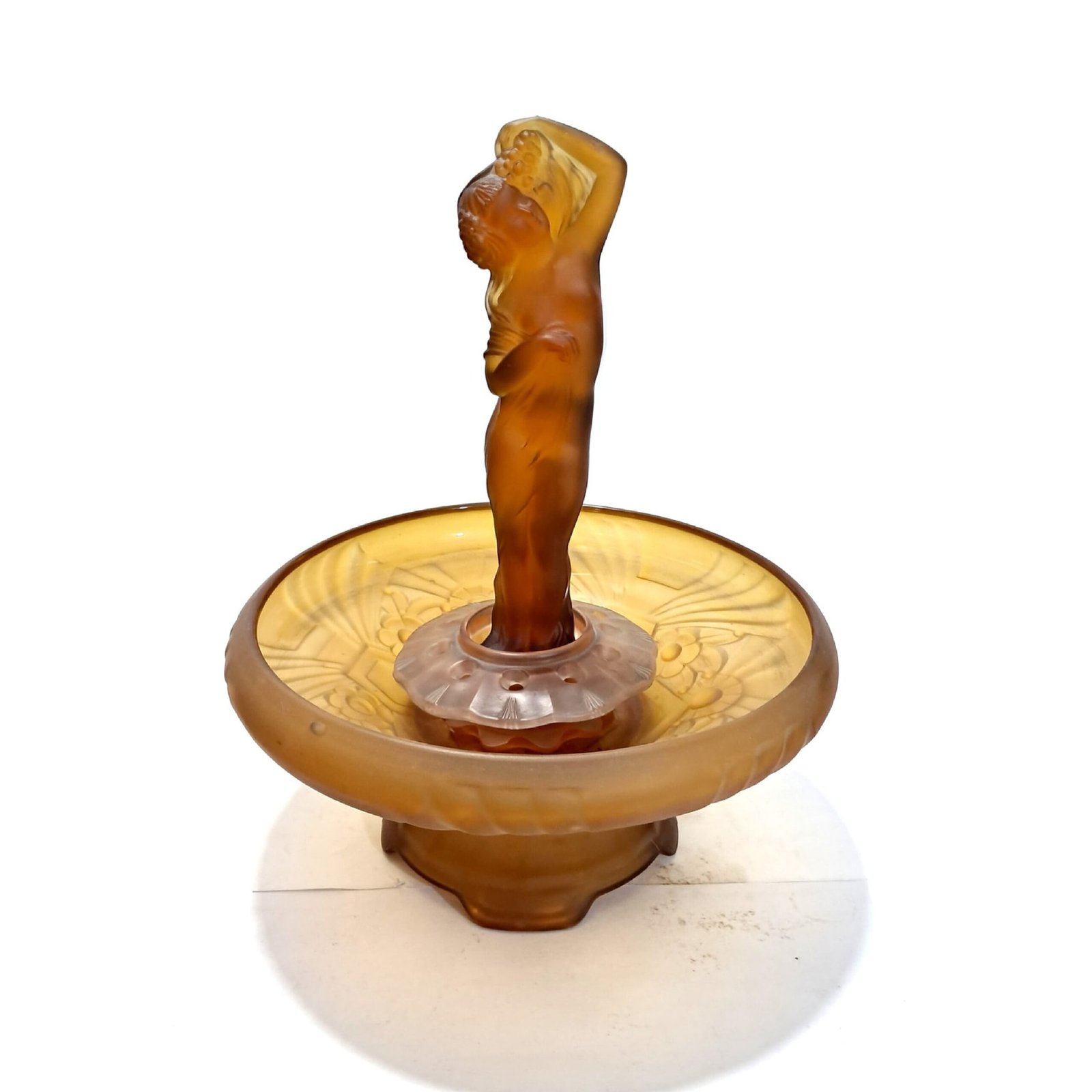 Art Deco Frosted Amber Glass Lady Centrepiece by Sowerby | Vintage Figural Glass