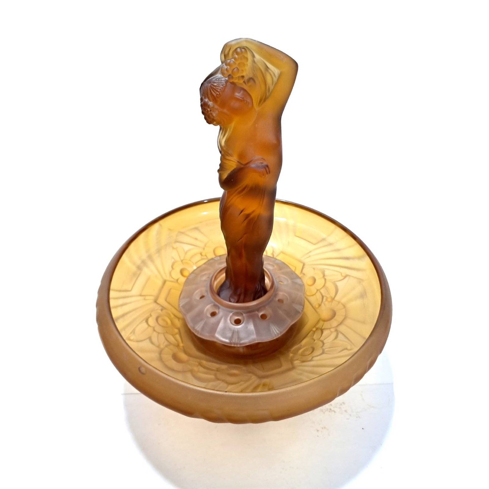 Art Deco Frosted Amber Glass Lady Centrepiece by Sowerby | Vintage Figural Glass
