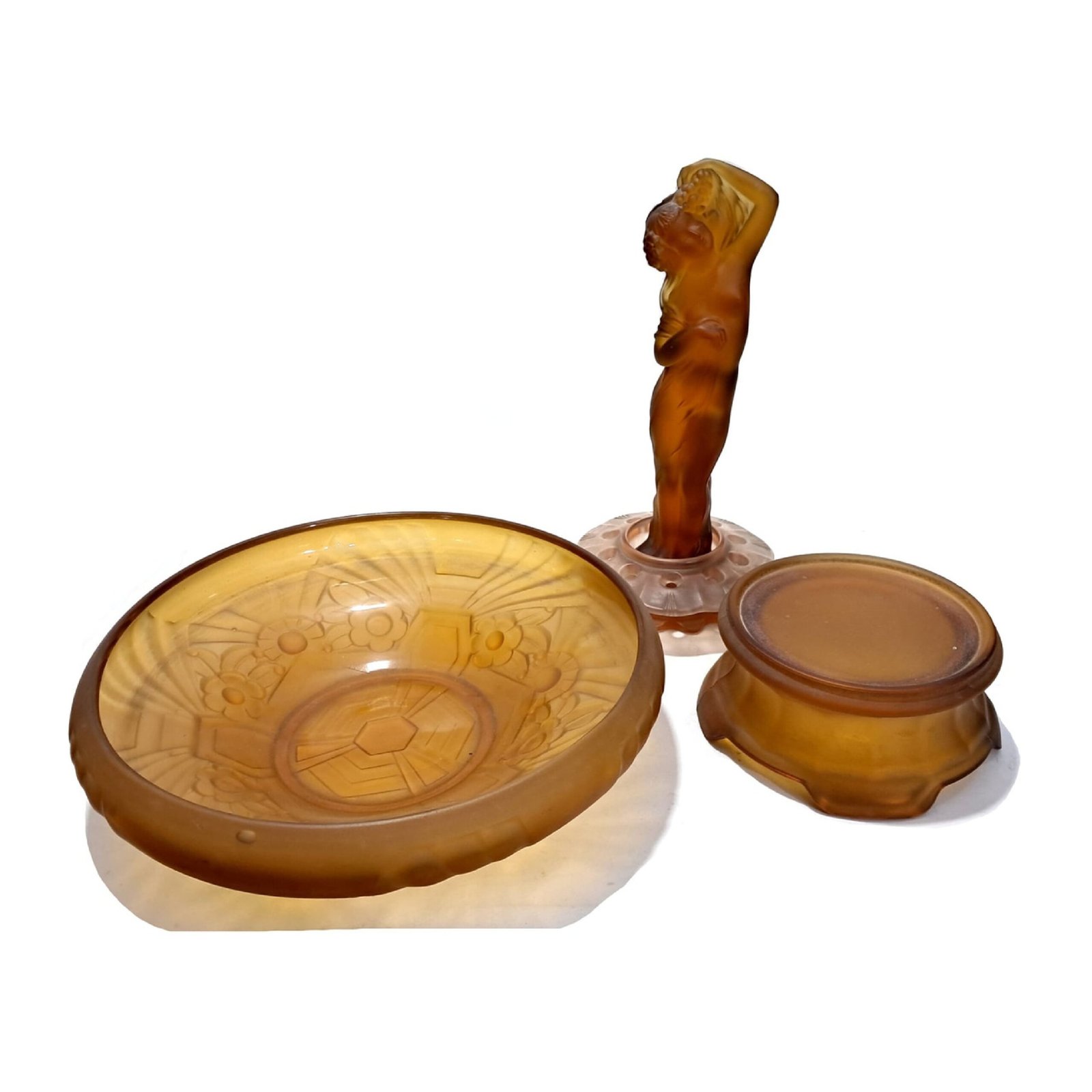 Art Deco Frosted Amber Glass Lady Centrepiece by Sowerby | Vintage Figural Glass