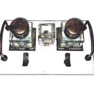 Vintage Glass Inkwell Stand with Two Glass Ink Pots & Pen Rests – Ornate Desk Writing Set