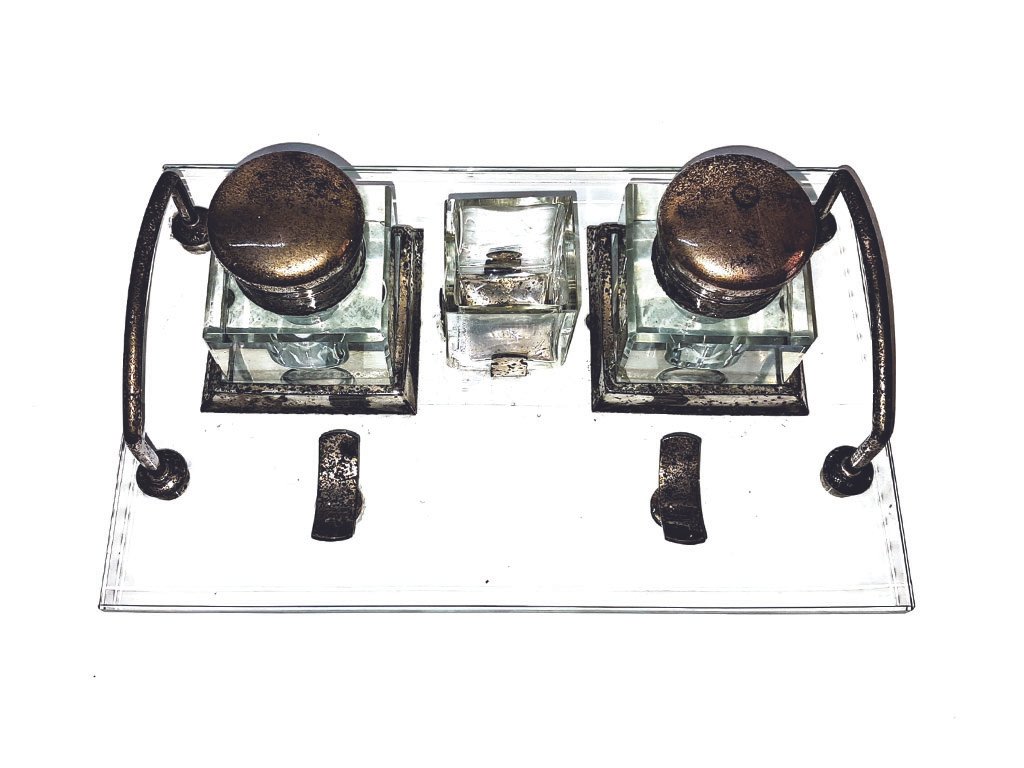Vintage Glass Inkwell Stand with Two Glass Ink Pots & Pen Rests – Ornate Desk Writing Set