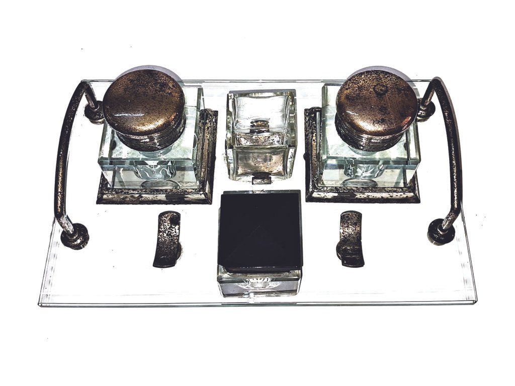Vintage Glass Inkwell Stand with Two Glass Ink Pots & Pen Rests – Ornate Desk Writing Set