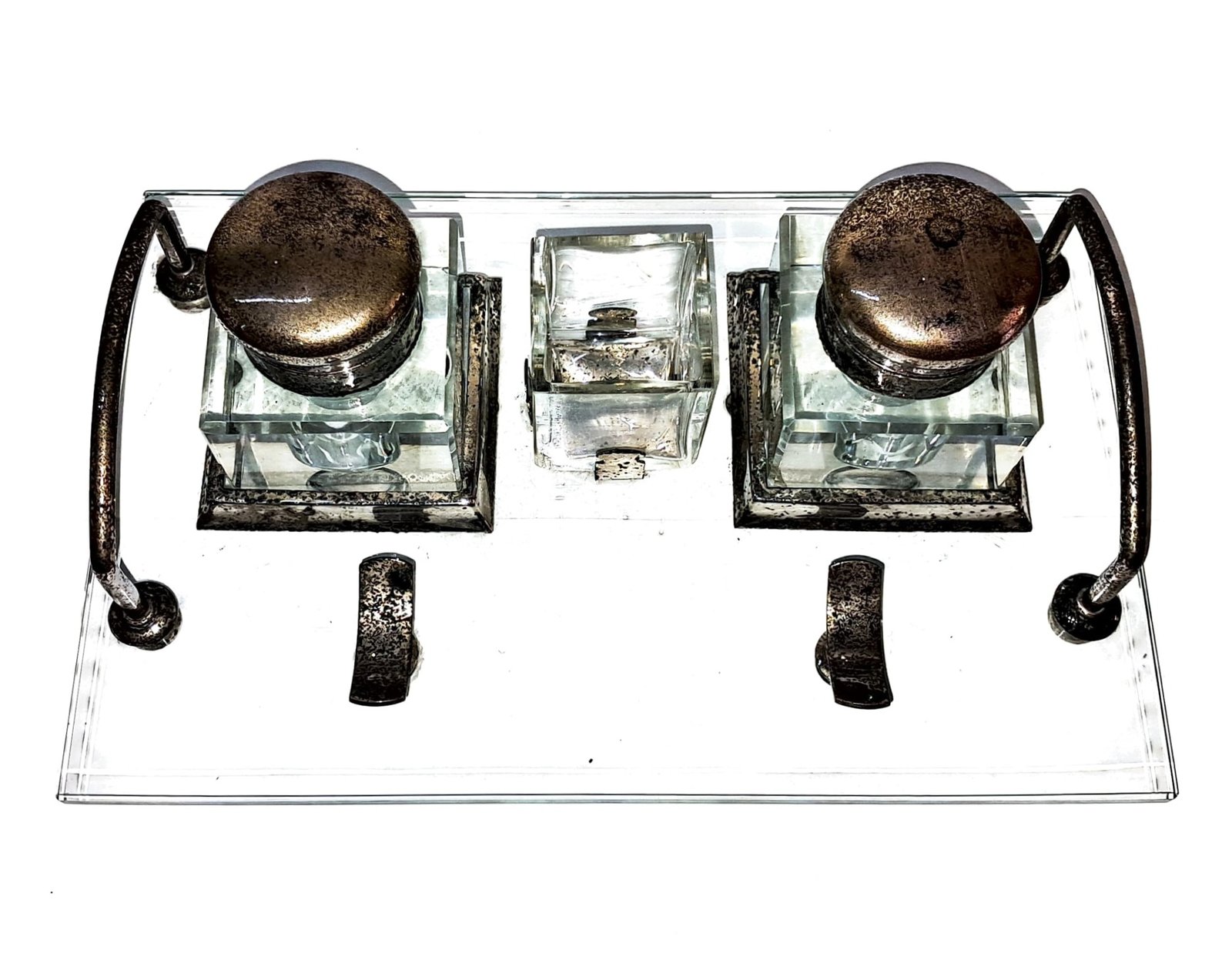 Vintage Glass Inkwell Stand with Two Glass Ink Pots & Pen Rests – Ornate Desk Writing Set