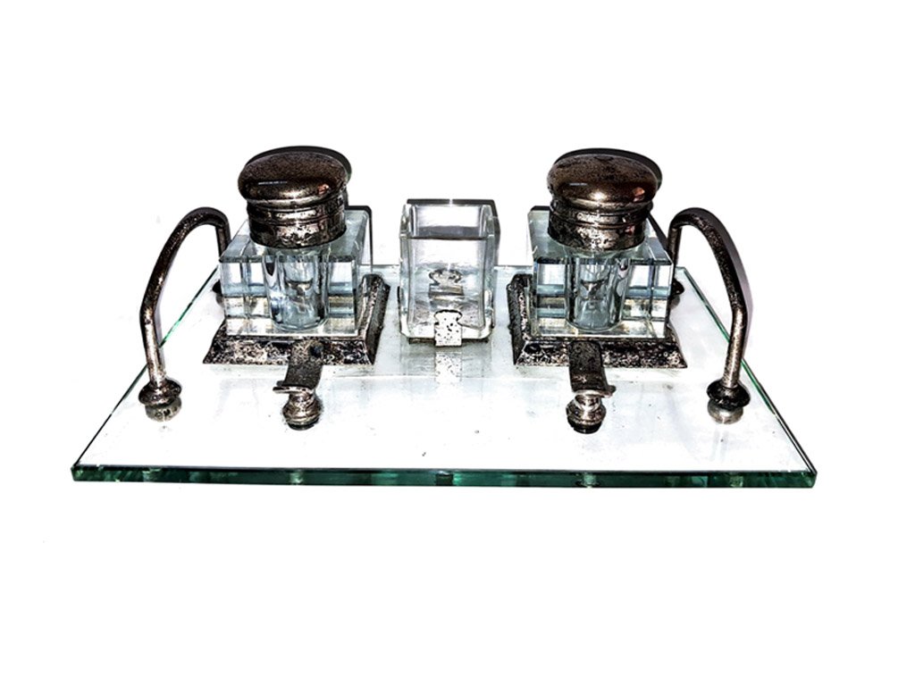 Vintage Glass Inkwell Stand with Two Glass Ink Pots & Pen Rests – Ornate Desk Writing Set