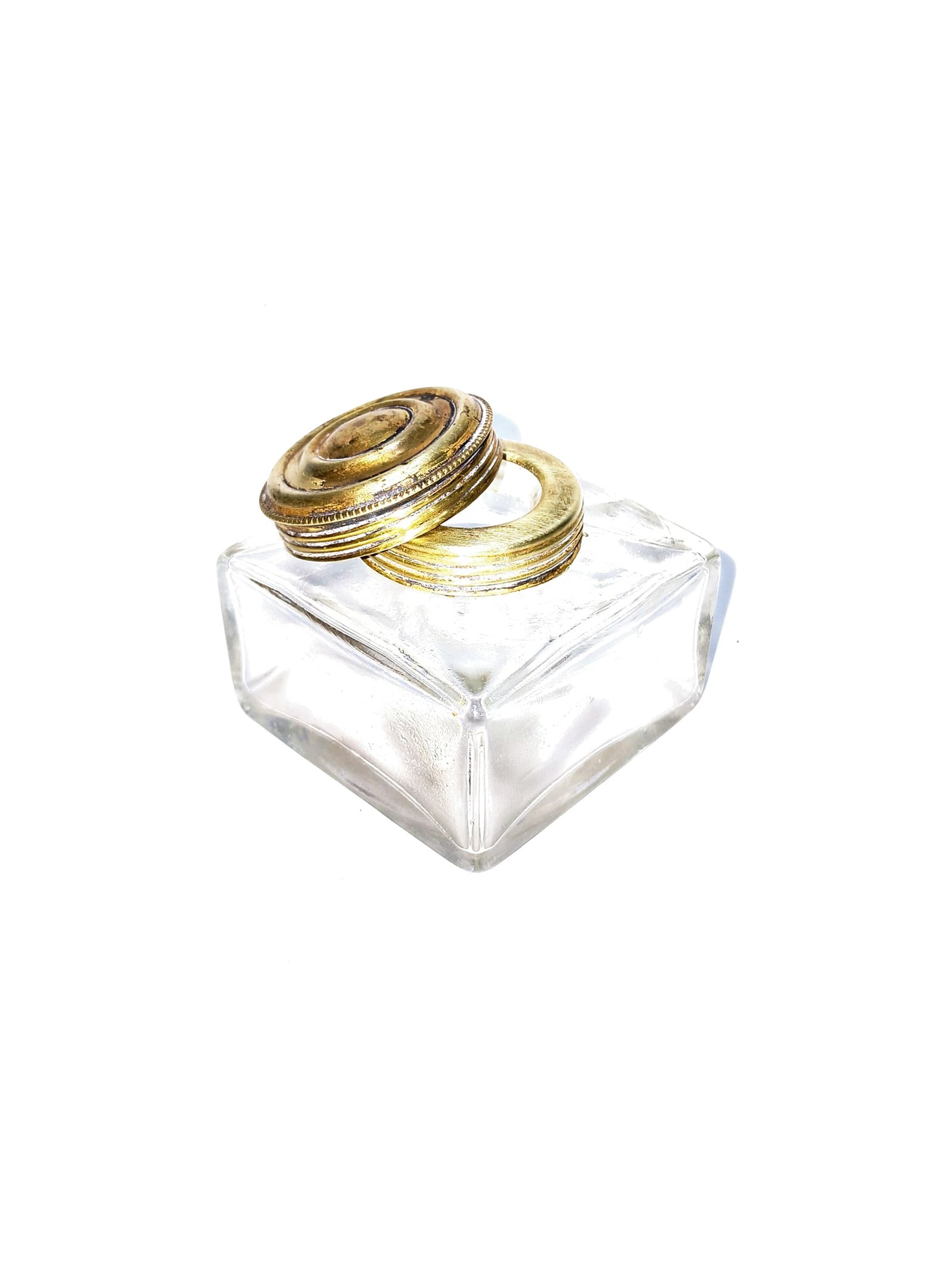 Vintage Clear Glass Ink Pot / Inkwell with Ornate Brass Lid – Antique Desk Writing Accessory