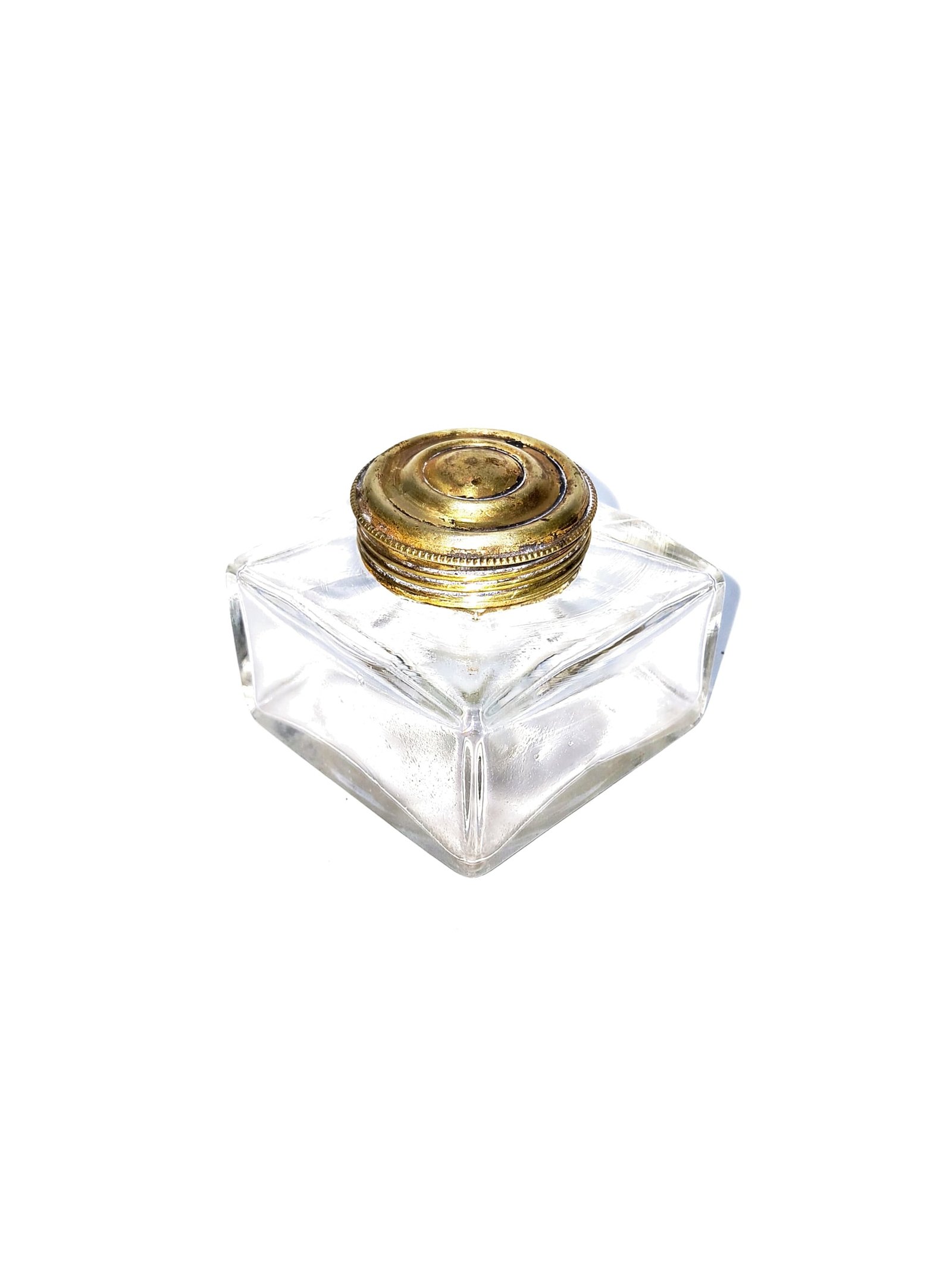 Vintage Clear Glass Ink Pot / Inkwell with Ornate Brass Lid – Antique Desk Writing Accessory