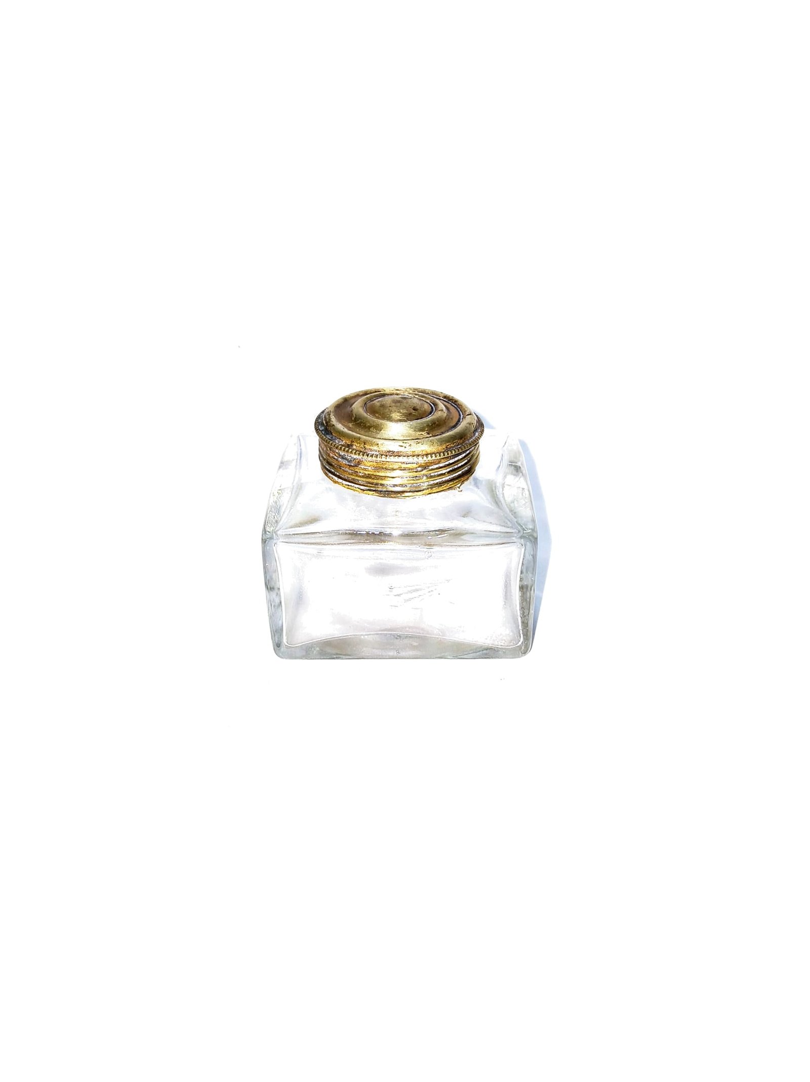Vintage Clear Glass Ink Pot / Inkwell with Ornate Brass Lid – Antique Desk Writing Accessory