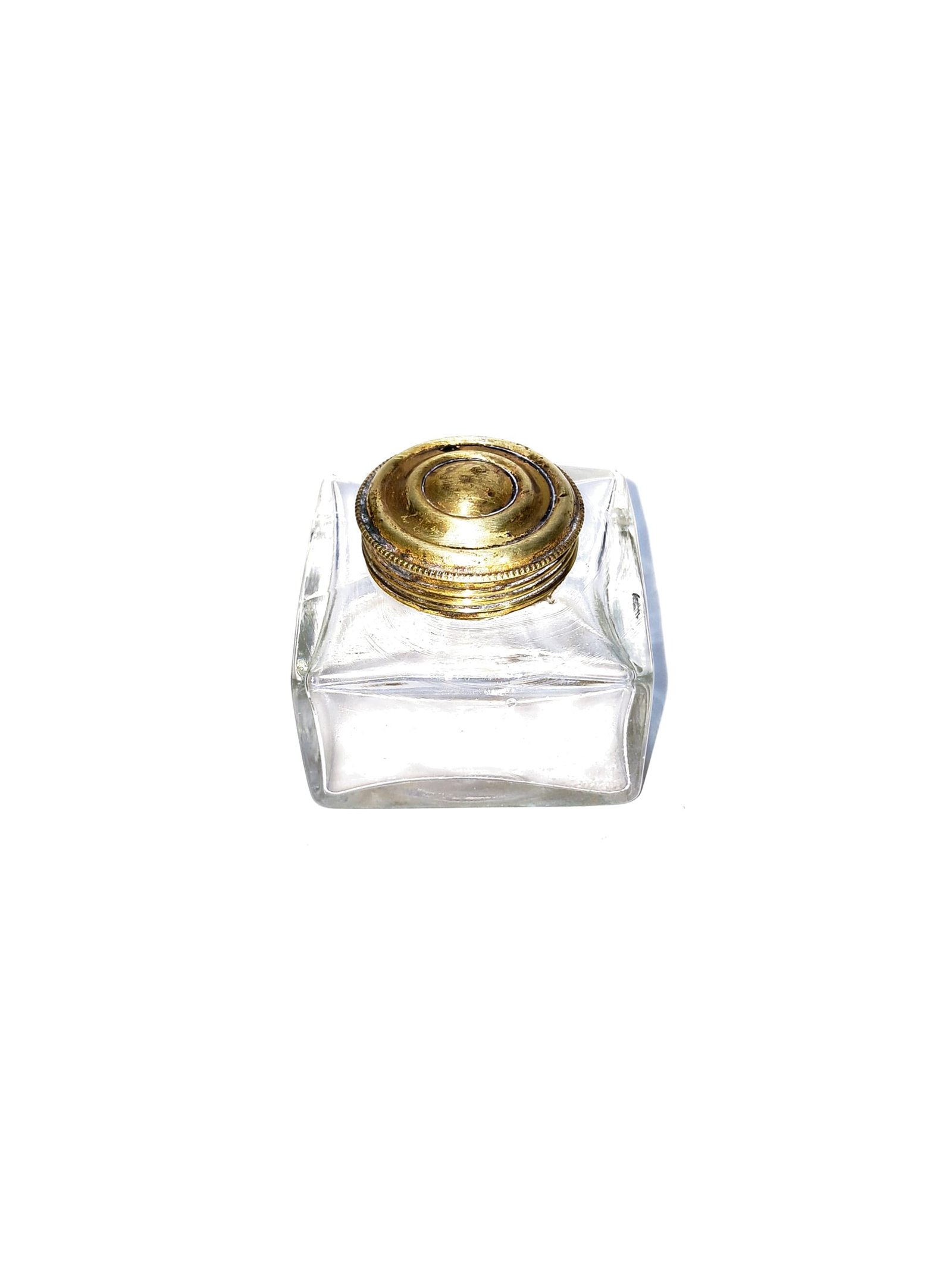Vintage Clear Glass Ink Pot / Inkwell with Ornate Brass Lid – Antique Desk Writing Accessory