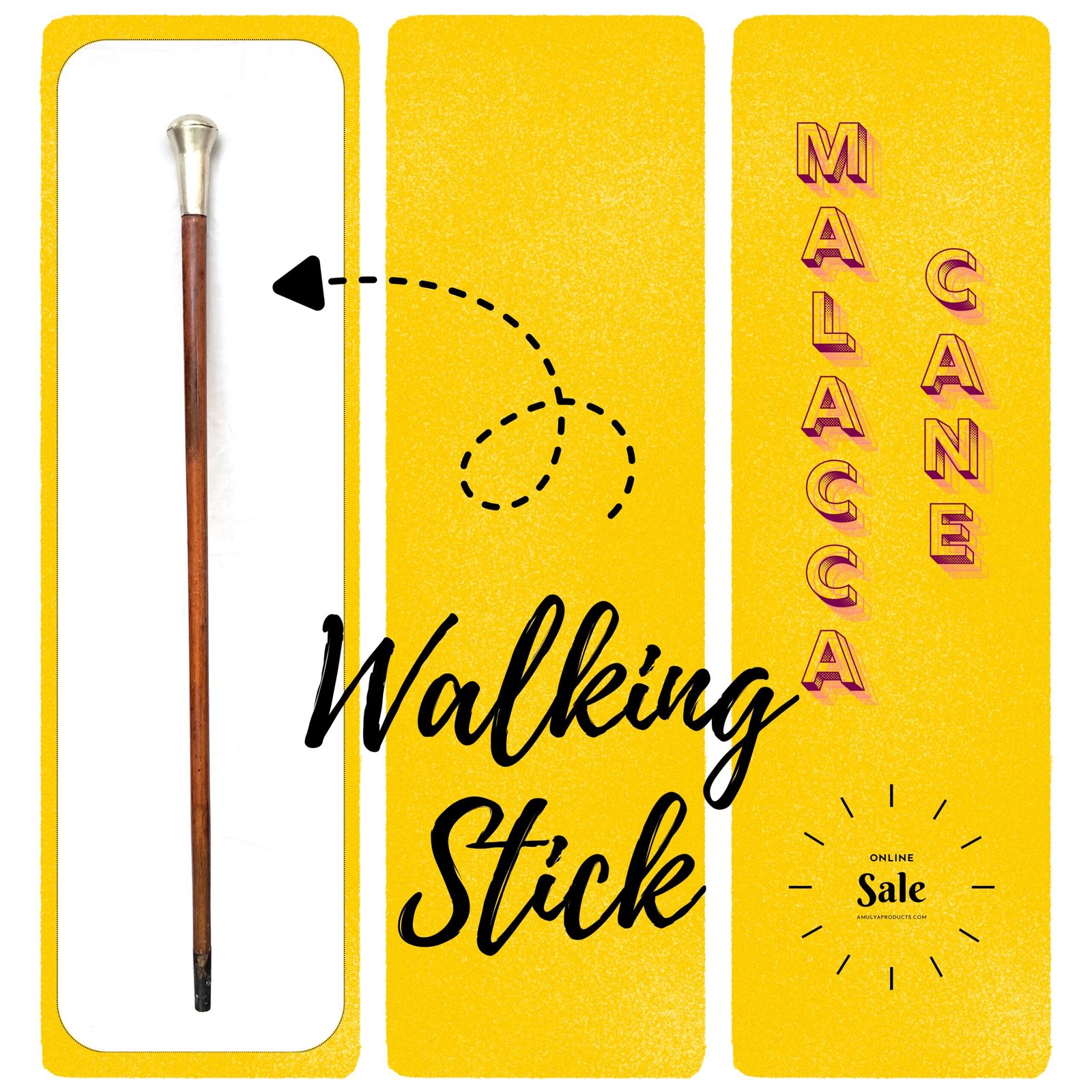 Vintage Malacca Cane Walking Stick with Separate 250g Silver Collar & Tip