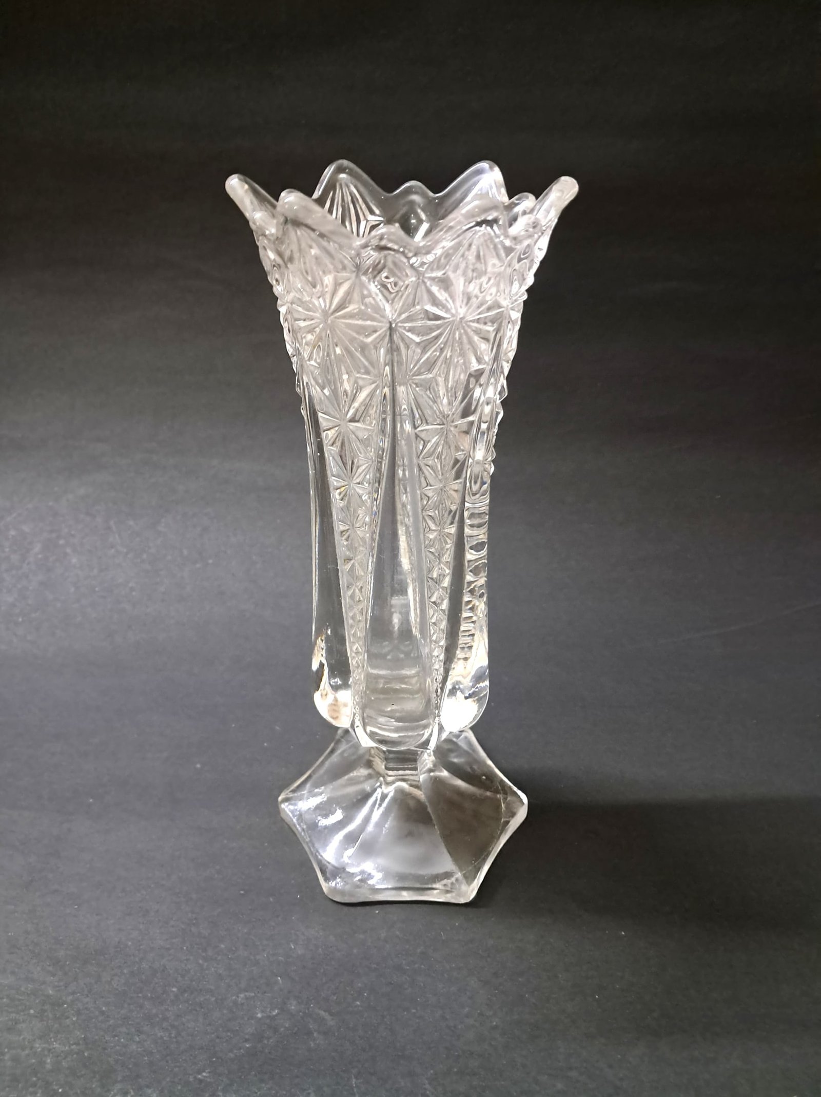 Vintage Crystal Cut Clear Glass Ornate Footed Flower Vase