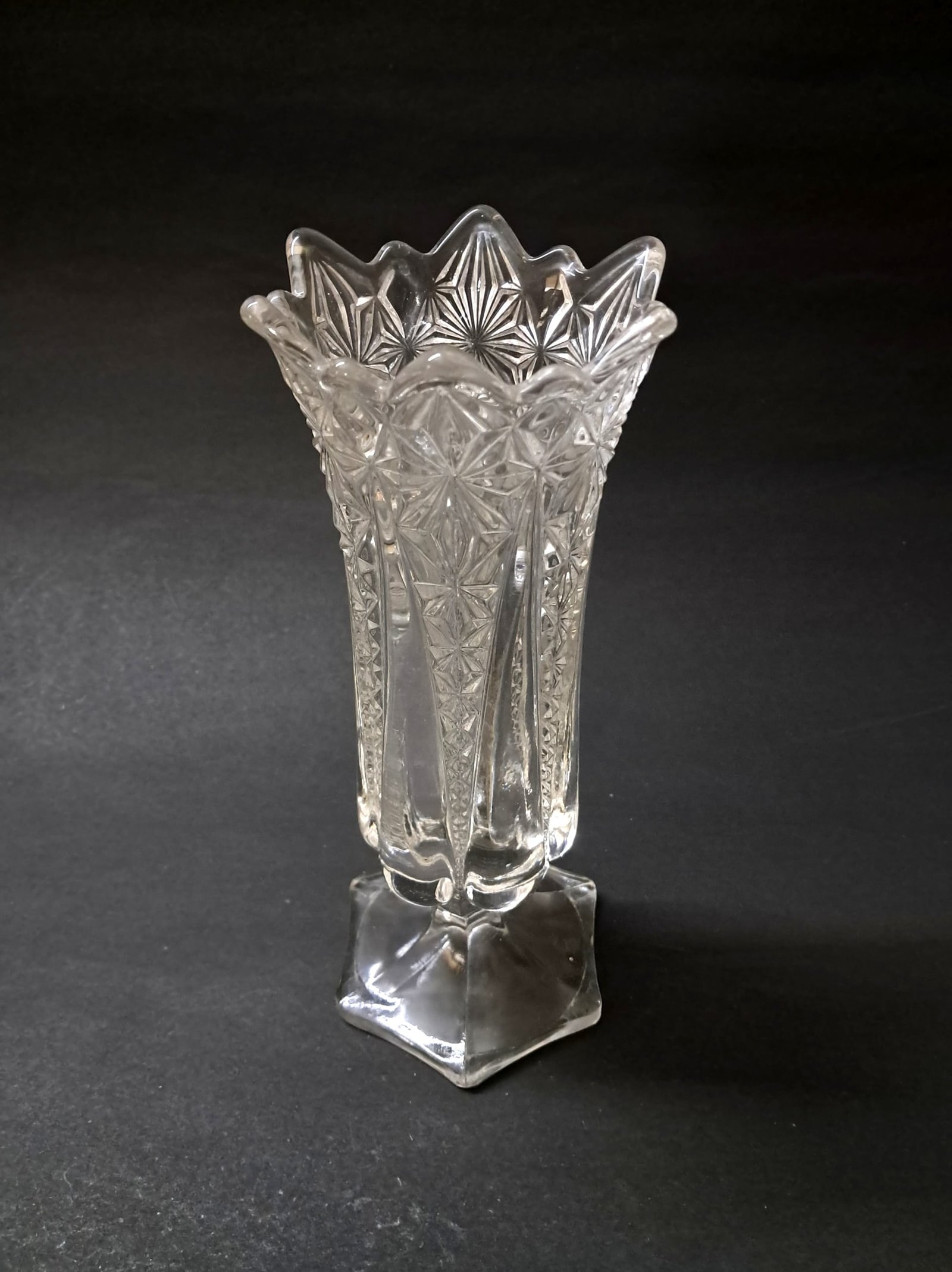 Vintage Crystal Cut Clear Glass Ornate Footed Flower Vase