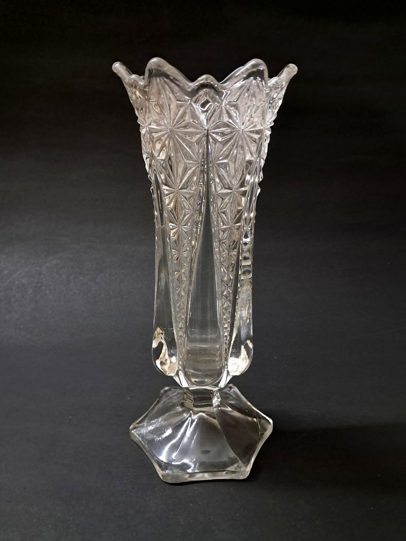 Vintage Crystal Cut Clear Glass Ornate Footed Flower Vase