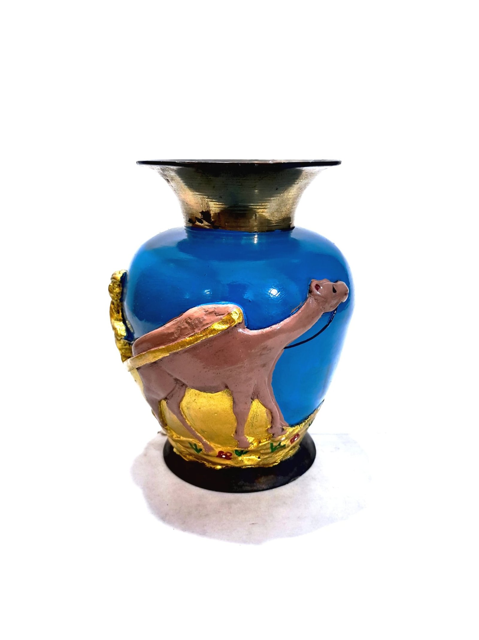Vintage Hand-Painted Brass Camel Cart Flower Vase
