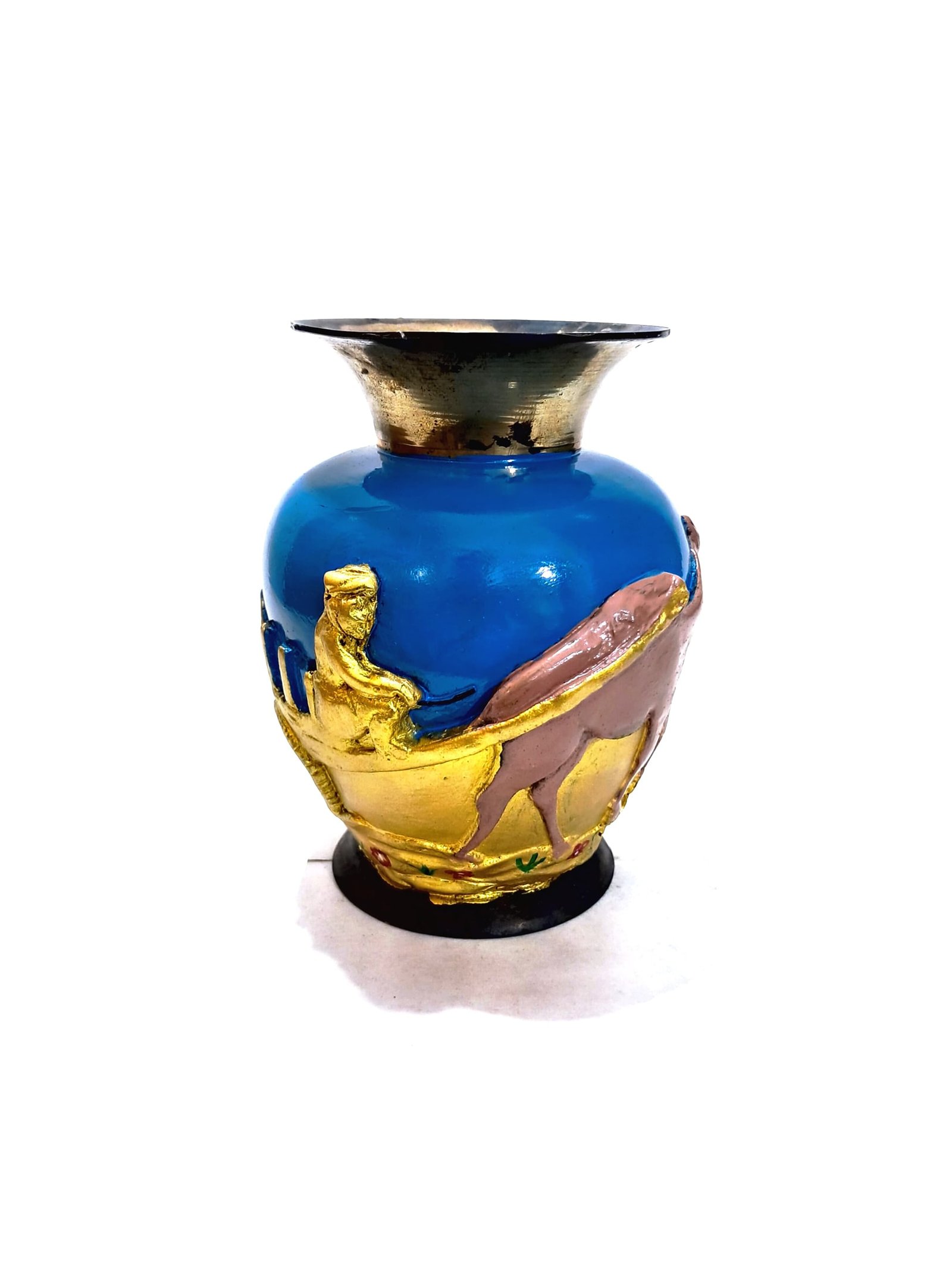Vintage Hand-Painted Brass Camel Cart Flower Vase