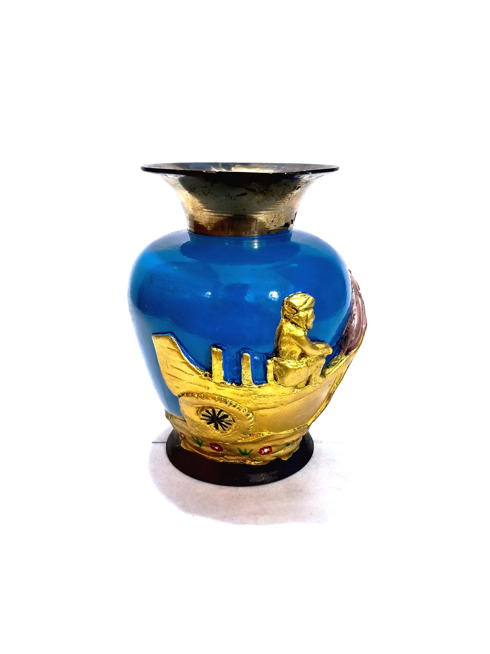 Vintage Hand-Painted Brass Camel Cart Flower Vase