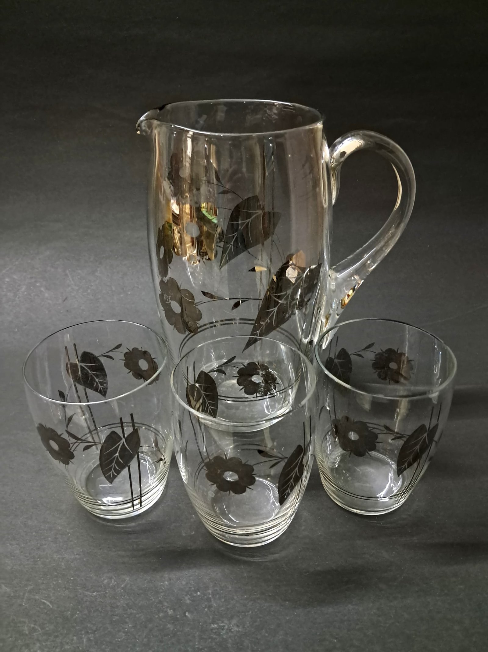 Vintage Mid-Century Libbey Silver Leaf Glassware Set – 1 Pitcher & 3 Glasses