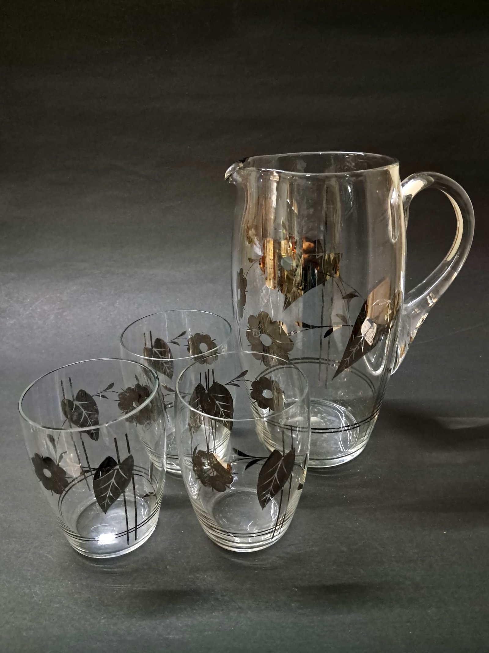 Vintage Mid-Century Libbey Silver Leaf Glassware Set – 1 Pitcher & 3 Glasses