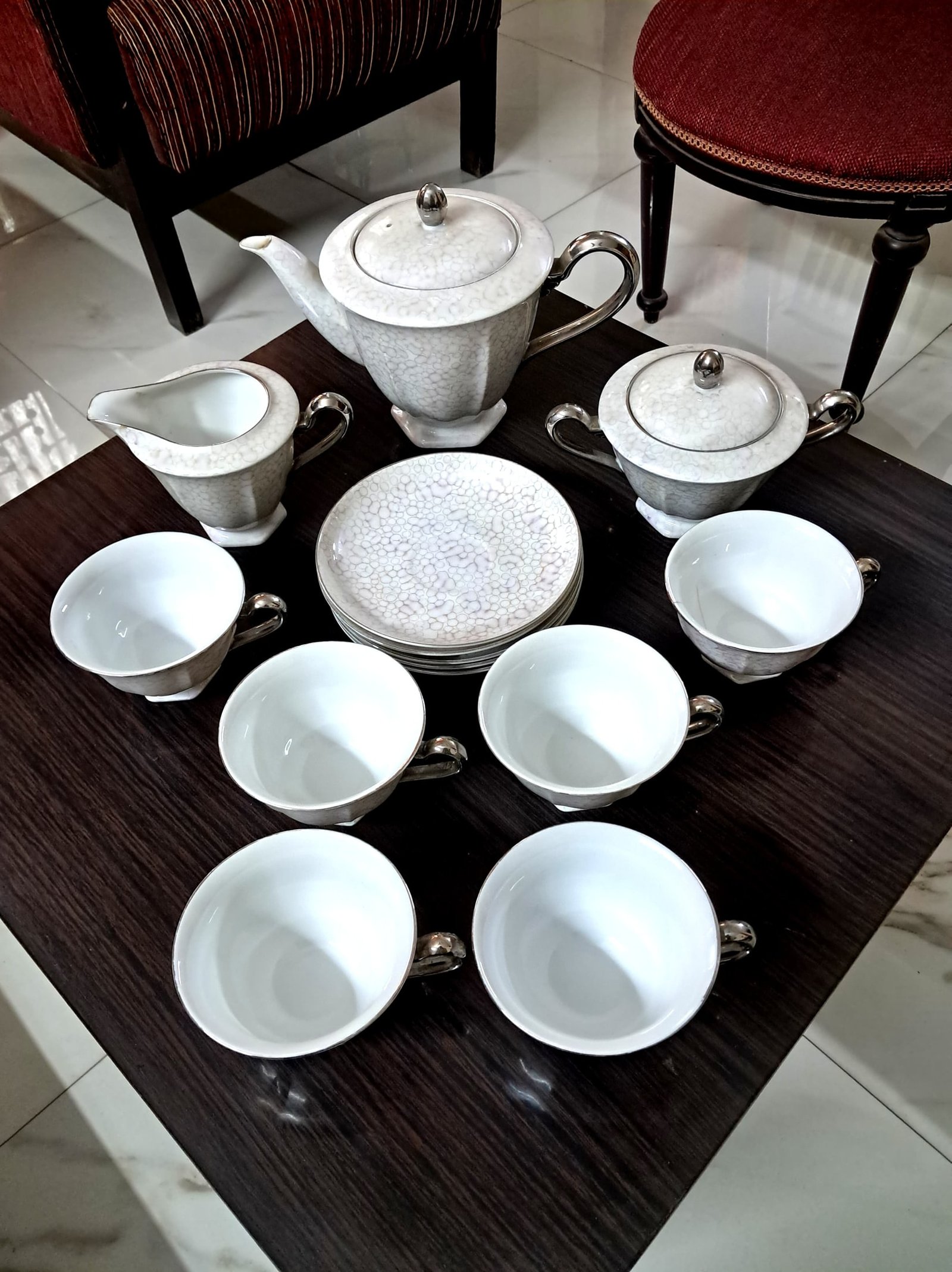 Vintage Tea Set, Set of 5 – White Porcelain Bubble Pattern Teapot, Cups & Saucers