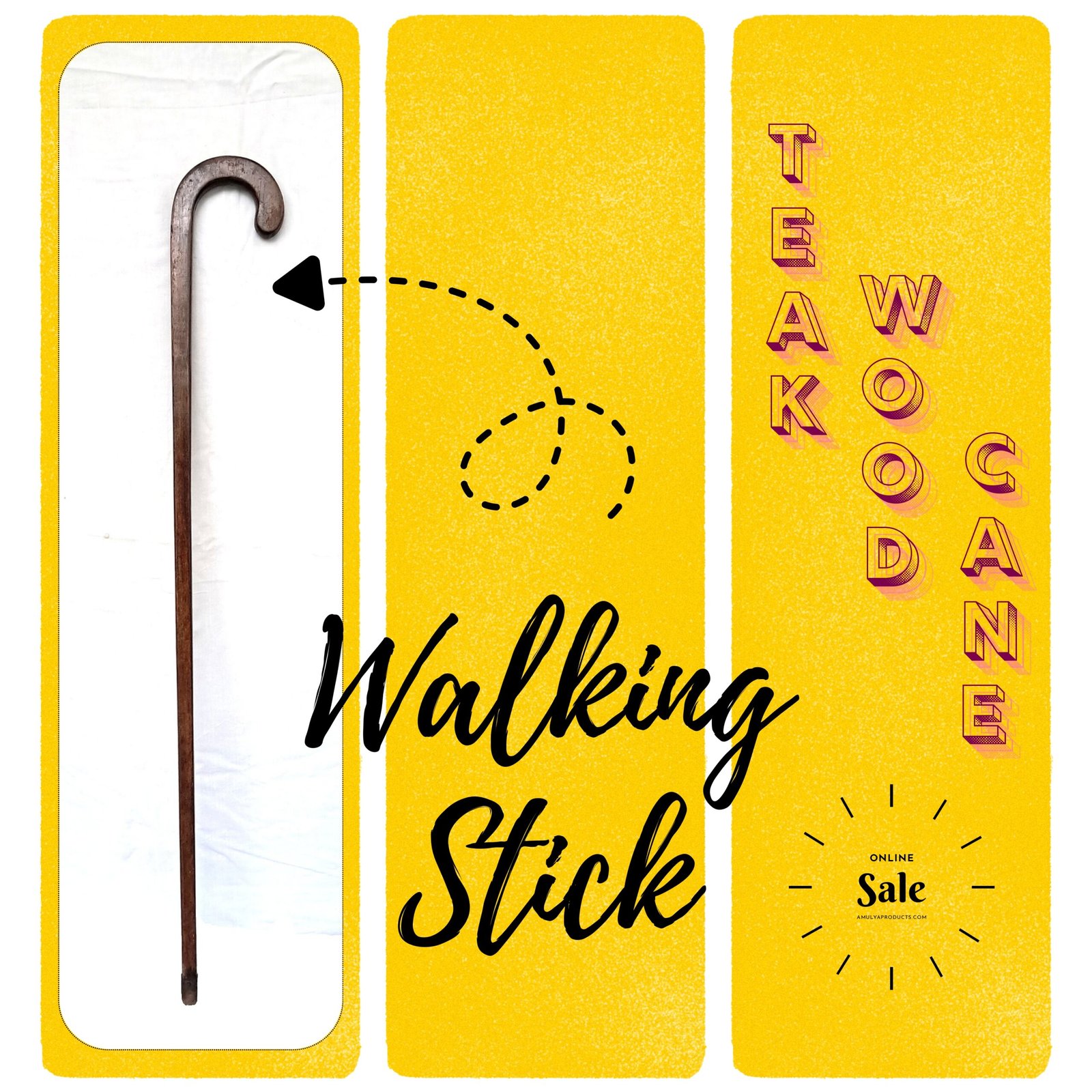 Vintage Teak Wood Walking Stick / Cane – Solid One-Piece Wood, Crook Handle