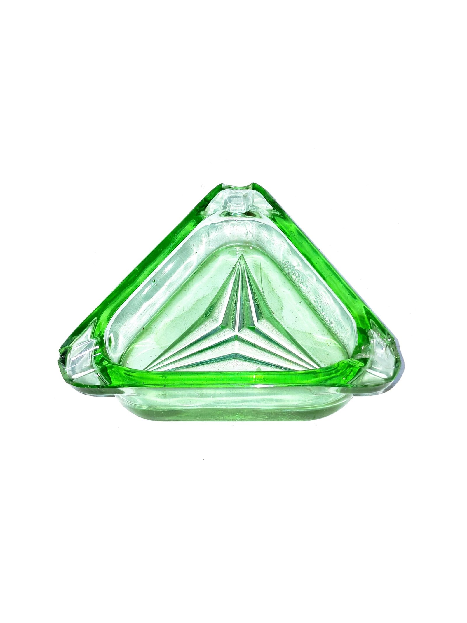 Vintage Green Glass Triangle Ashtray – Geometric Mid-Century Design