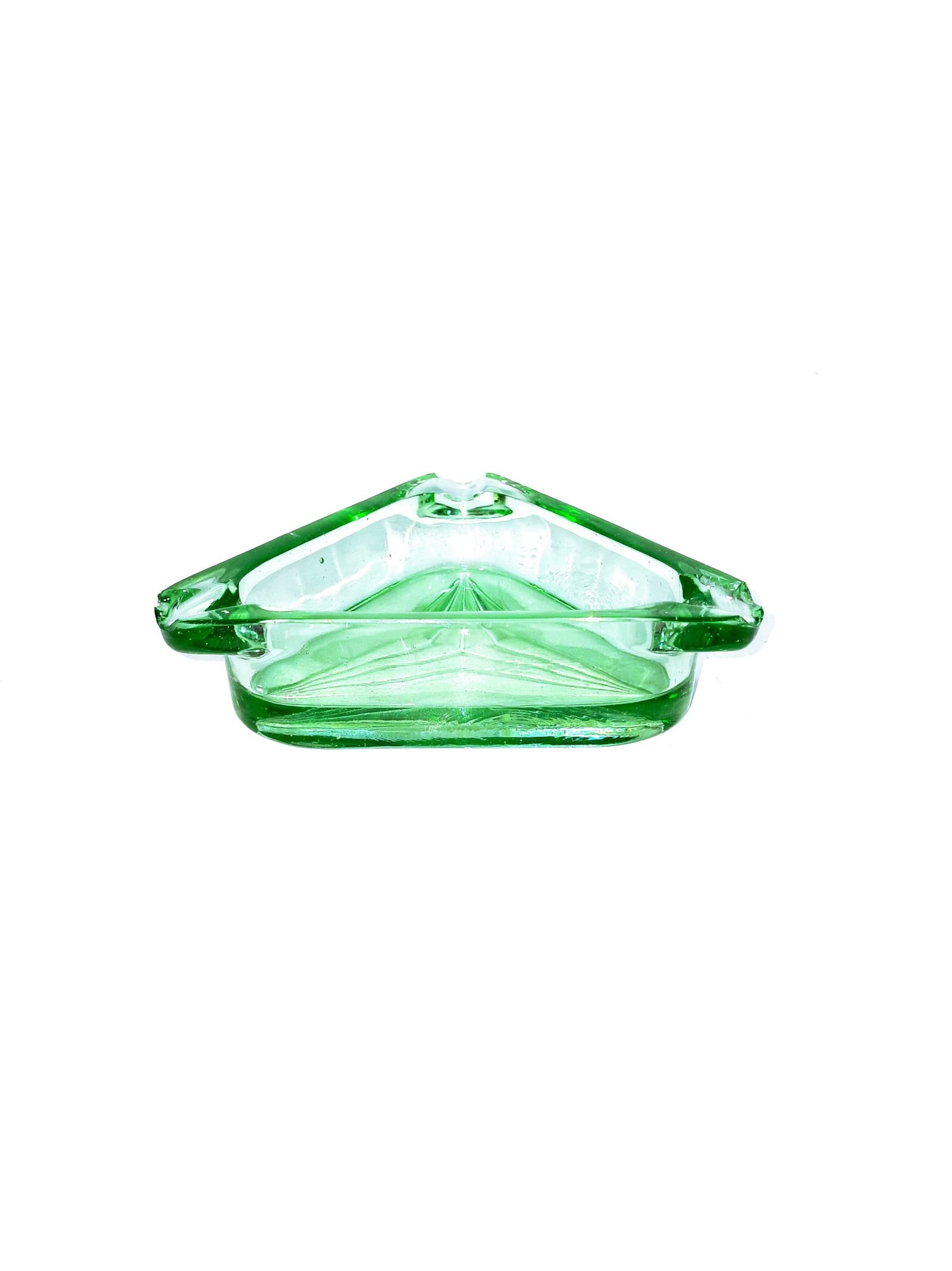 Vintage Green Glass Triangle Ashtray – Geometric Mid-Century Design