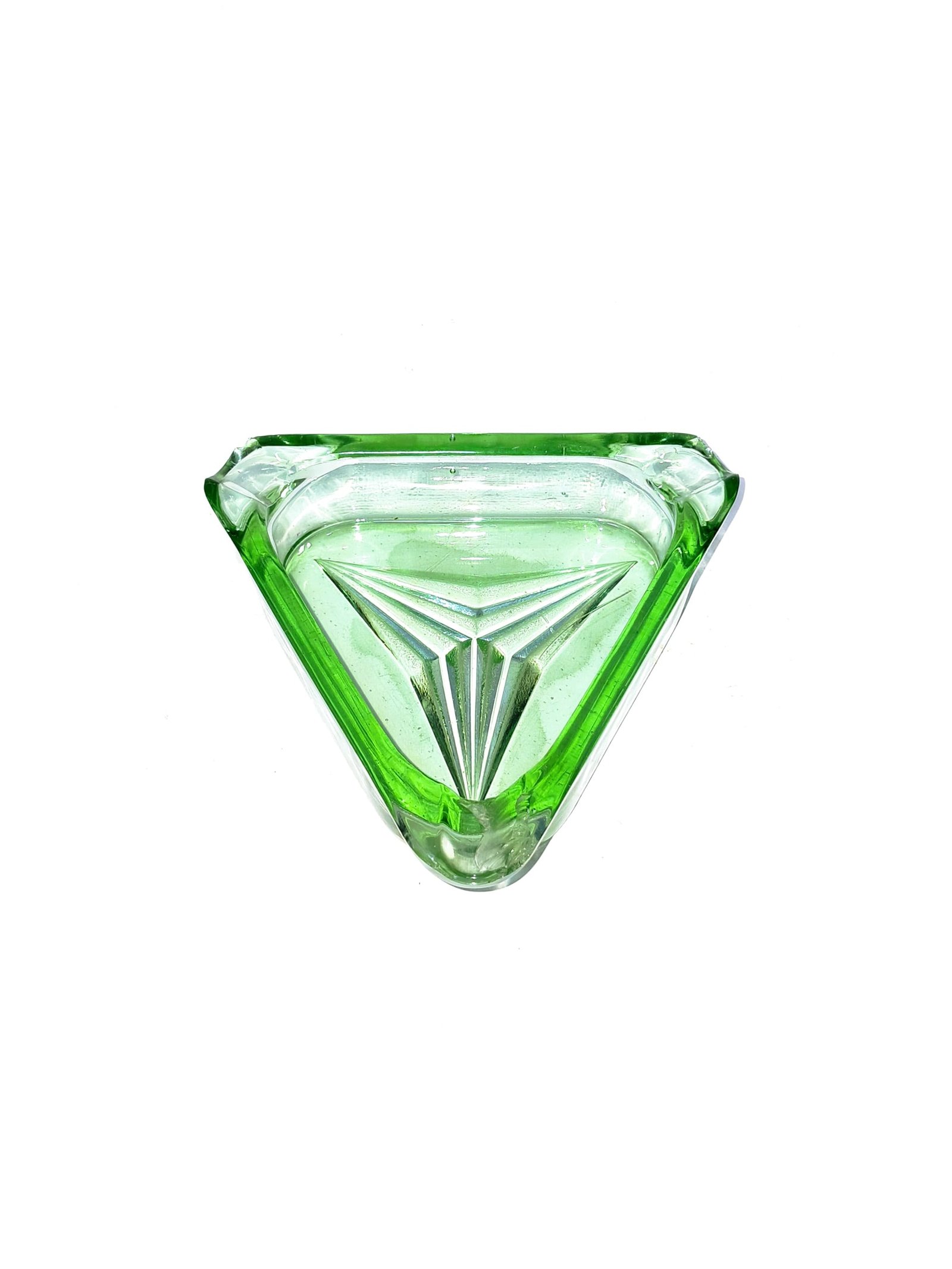 Vintage Green Glass Triangle Ashtray – Geometric Mid-Century Design