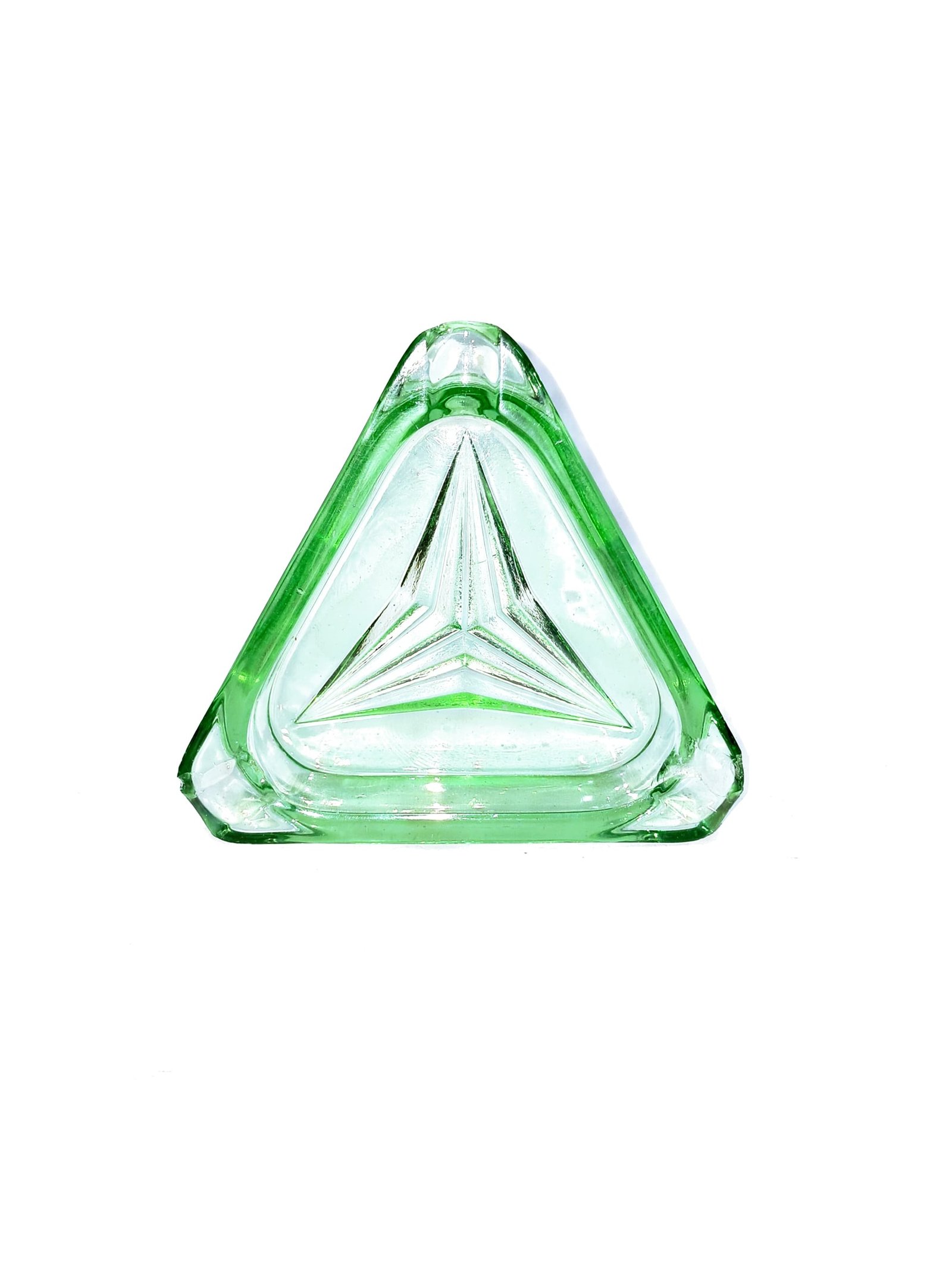 Vintage Green Glass Triangle Ashtray – Geometric Mid-Century Design